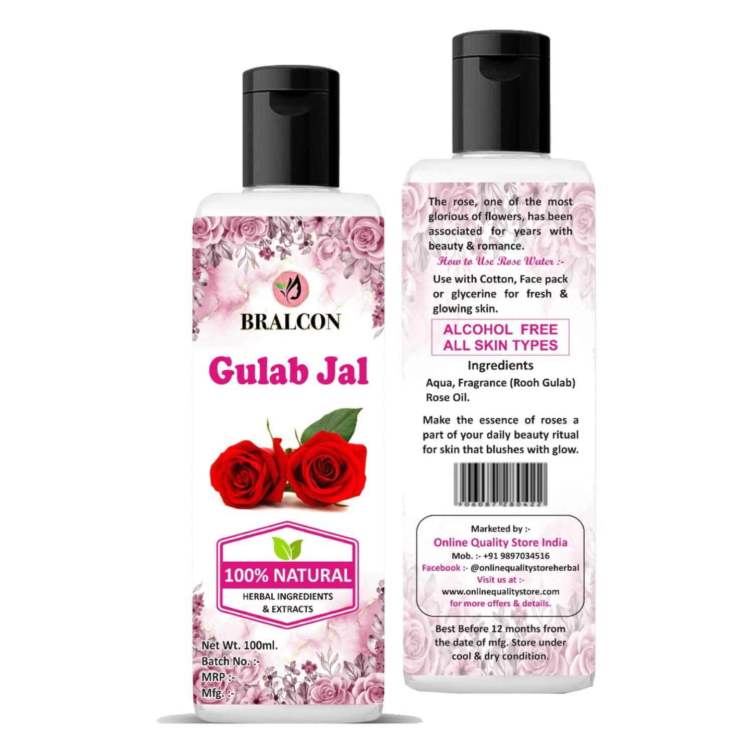 BRALCON Gulab Jal Rose Water (100ml) & Multani Mitti Clay Powder (100g) Combo Set - Natural Face Mask, Skin Brightening & Hair Care Treatment for Glowing Skin - Perfect for DIY Spa, Acne Treatment & Daily Beauty Routine