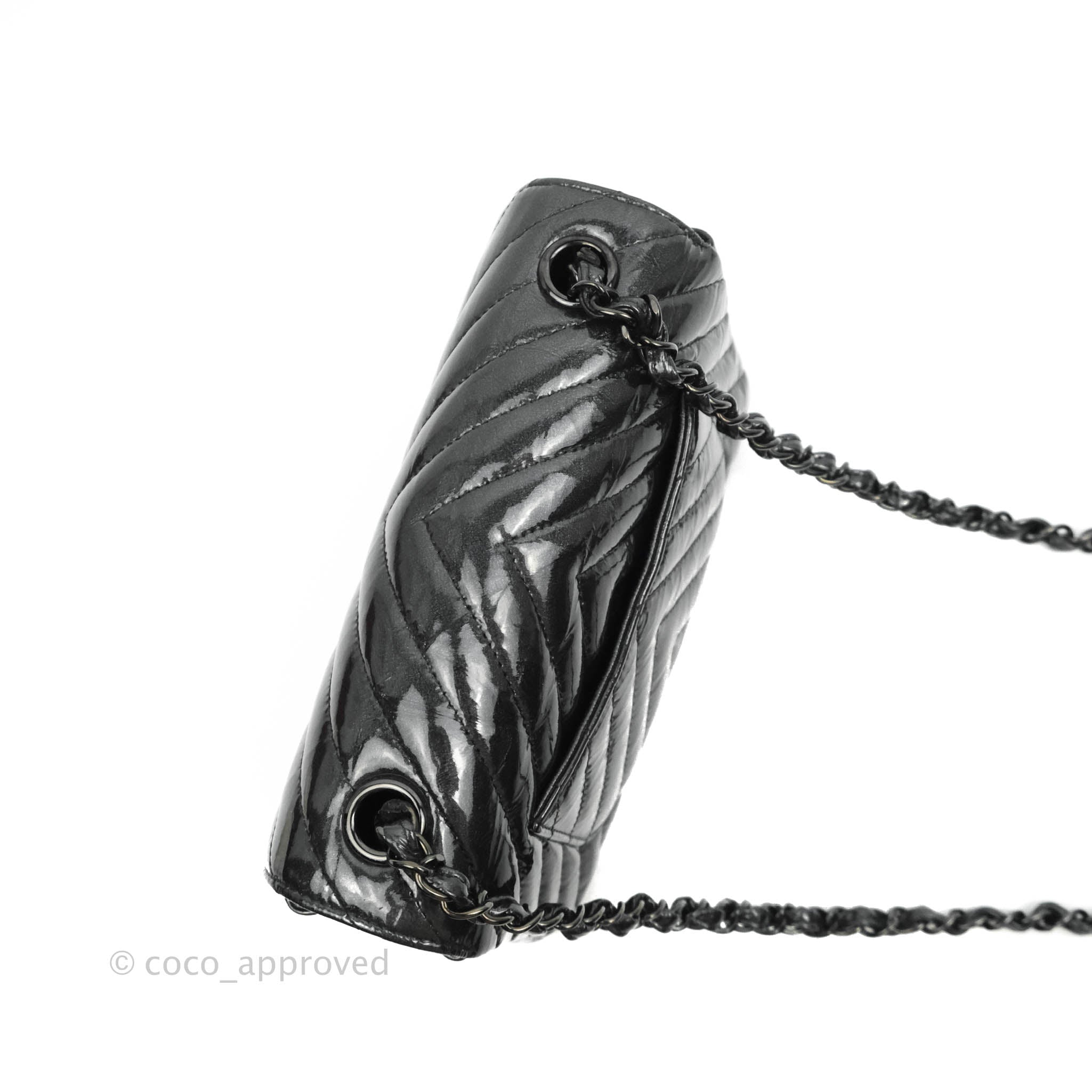 Chanel Chevron Mini Rectangular Flap Bag in Black Crumpled Patent Leather with So Black Hardware - Perfect for Evening Events & Luxury Fashion Accessories