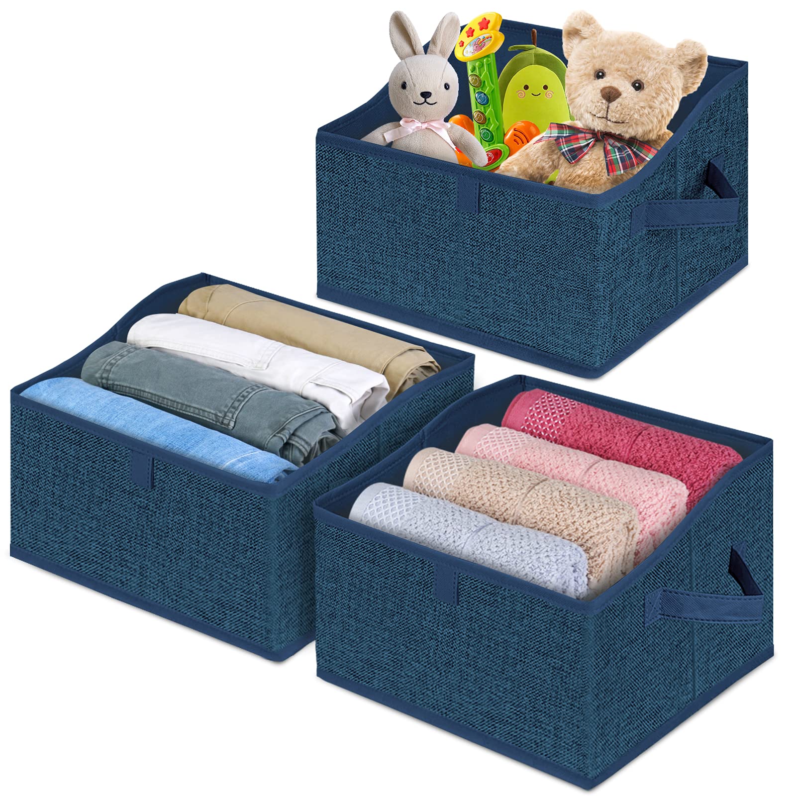 BALEINE 3-Pack Foldable Linen Storage Bins with Handles - Trapezoid Closet Organizers for Shelves, Clothing & Home Organization - Perfect for Bedroom, Office & Dorm Storage (Blue, Small)