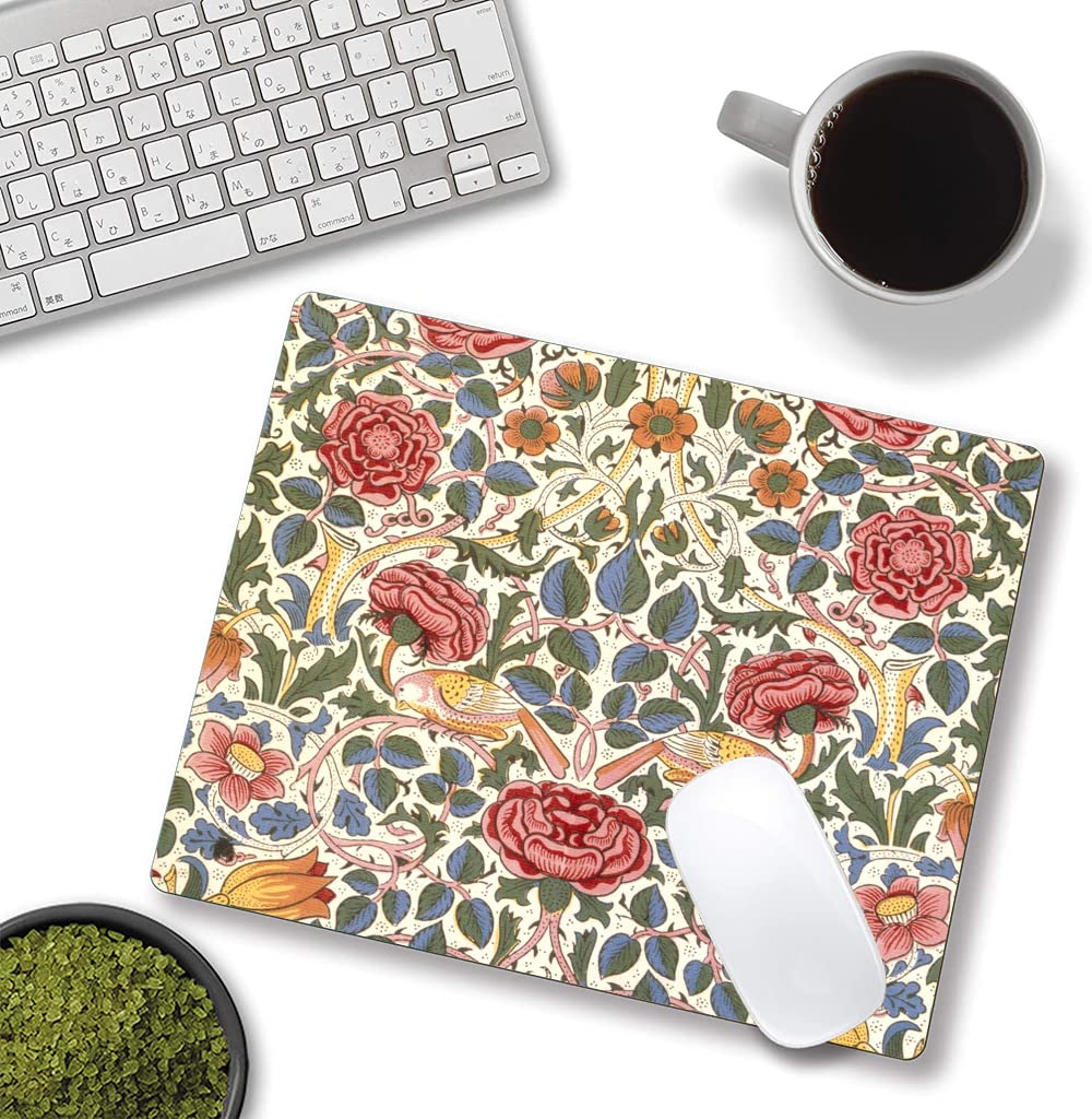 Floral Mouse Pad - Non-Slip Rubber Base, Waterproof Square Mouse Mat for Office & Laptop - William Morris Flowers Design - Perfect for Work, Gaming & Home Office Use