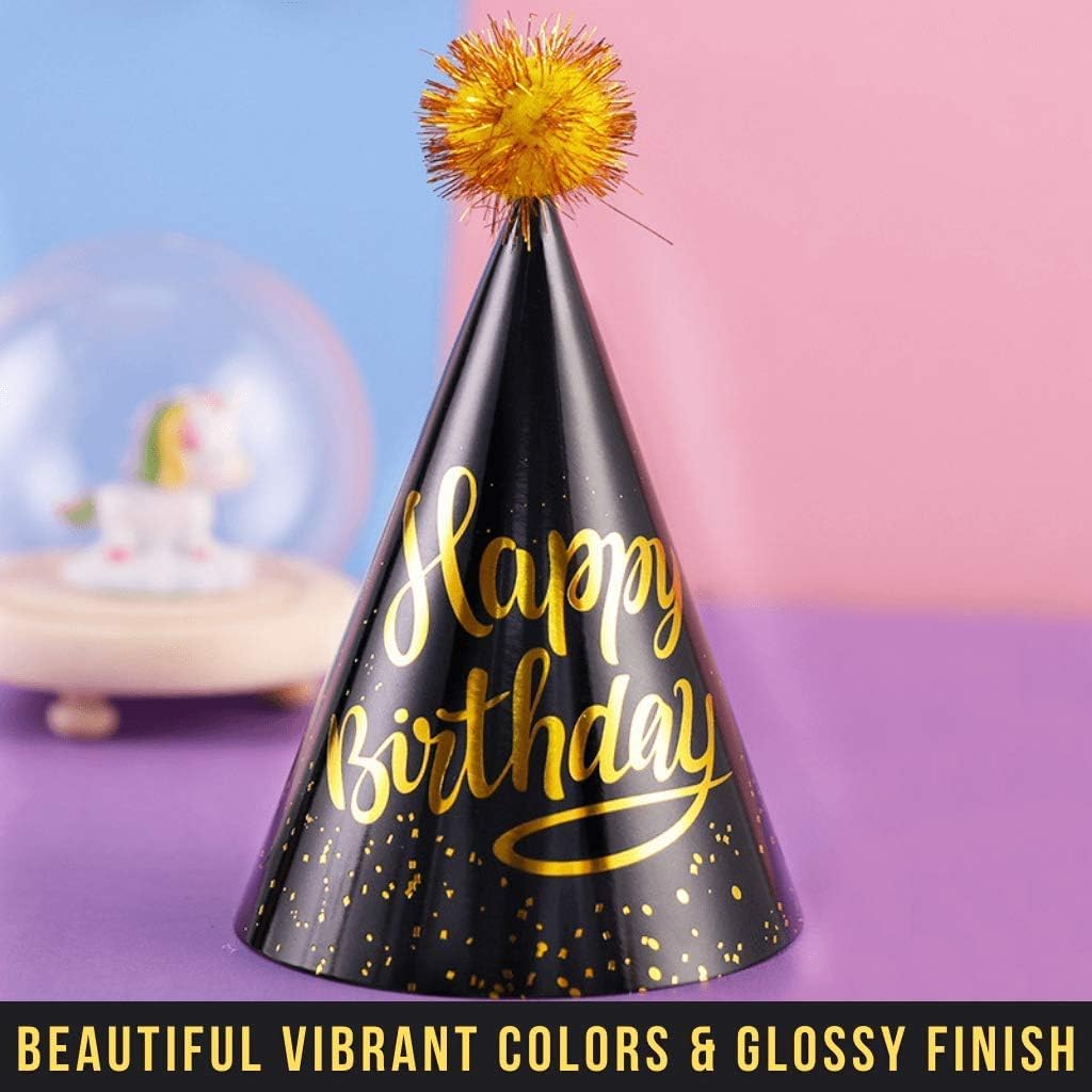 10-Piece Black and Gold Birthday Party Kit - Cone Hats & Banner for Kids & Adults | Fun Birthday Party Decorations & Supplies | Perfect for Birthday Celebrations, Themed Parties & Special Events