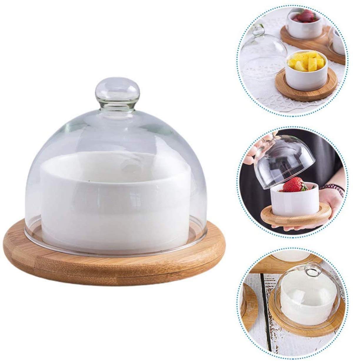 Ceramic Snack Serving Tray with Glass Dome Lid & Wooden Coaster - Elegant Dip Bowls for Nuts, Candies, Starters, Sauces - Perfect for Parties, Entertaining & Home Decor
