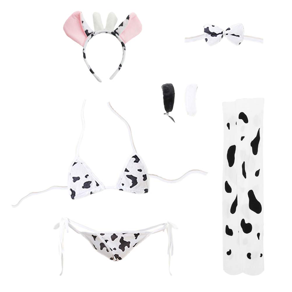 Amosfun Women's Sexy Cow Print Cosplay Lingerie Set - Comfortable Bra & 3-Piece Underwear Kit for Roleplay, Valentine's Day & Boudoir Photography