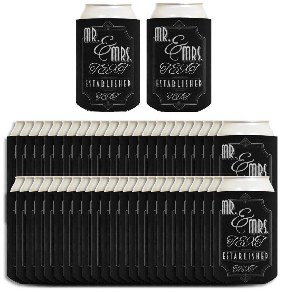 Custom Wedding Can Coolers - Personalized Mr & Mrs Drink Sleeves with Names & Date - 96 Pack Black Can Coolies for Wedding Favors - Perfect for Outdoor Receptions, Bridal Showers & Anniversary Parties
