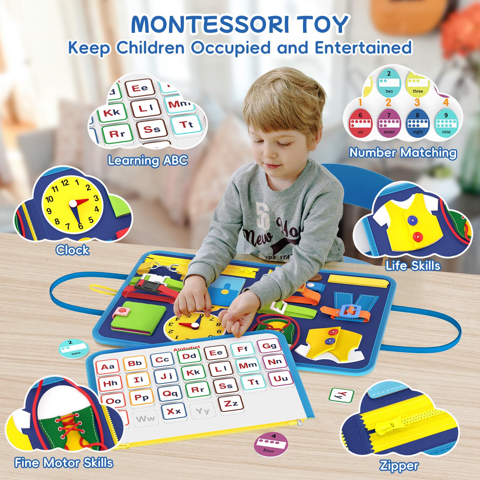 Montessori Busy Board Sensory Toys for Toddlers 1-4 Years Old - Educational Travel Activity Toy for Boys & Girls - Dinosaur Theme Learning Toy for Airplane, Car Rides & Home Play