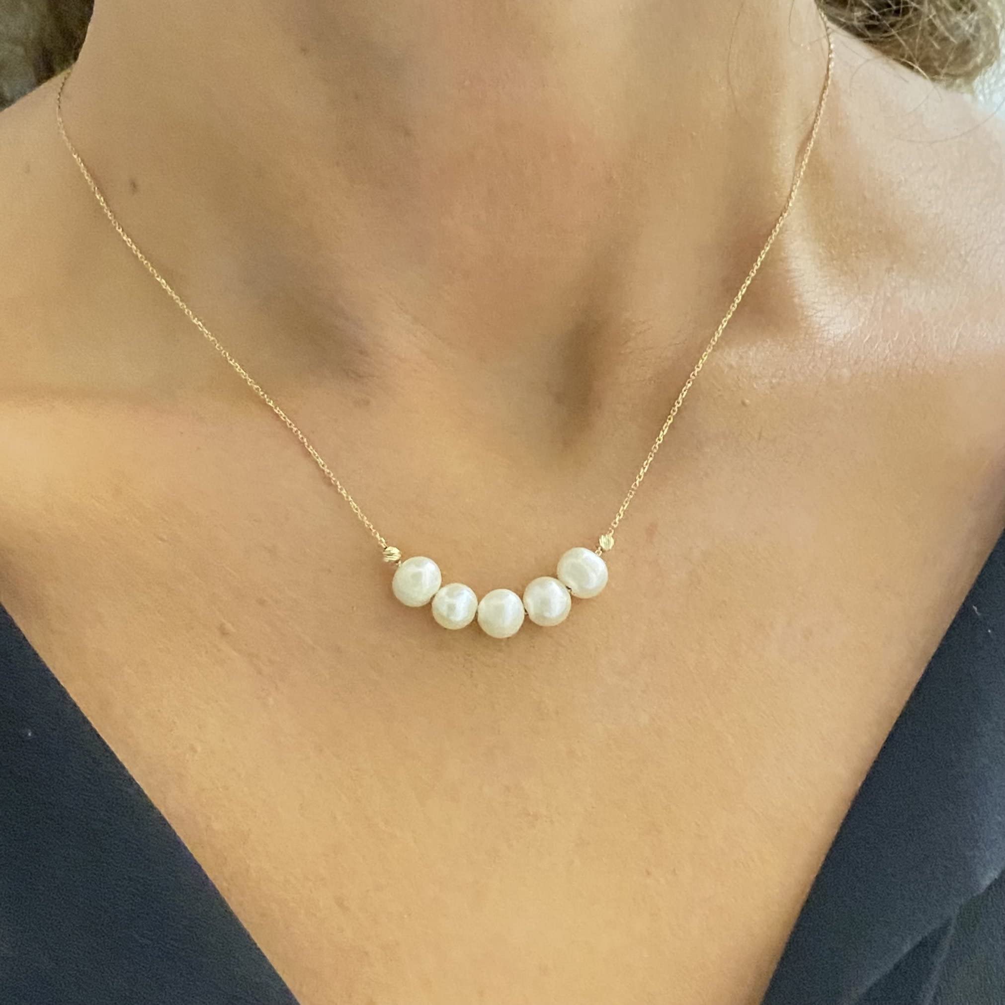 14K Solid Gold Pearl Necklace for Women - Elegant Freshwater Beaded Jewelry, Perfect Gift for Mom, Birthday & Christmas