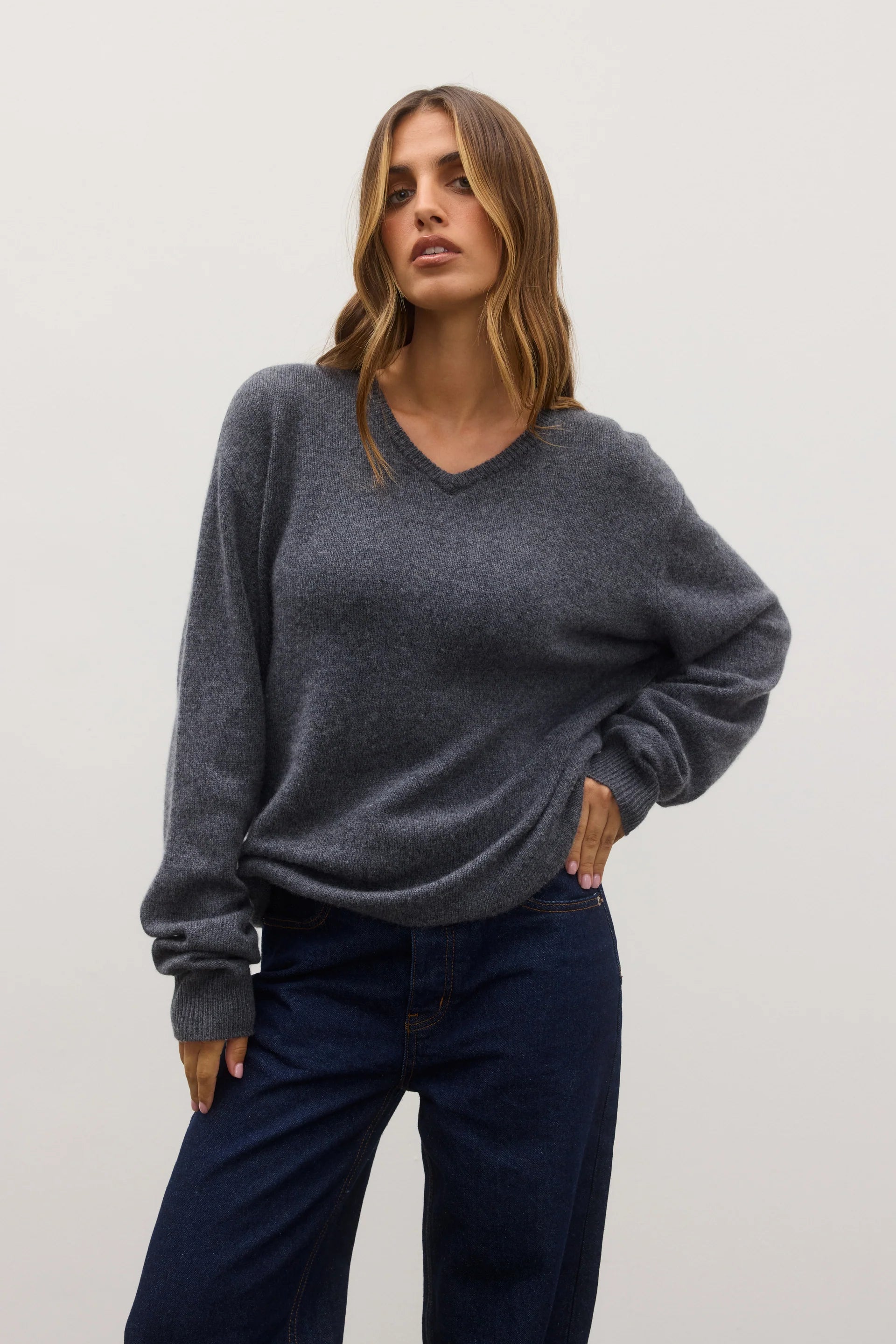 BILLIE V Neck Sweater for Women - Soft Knit Pullover, Dark Heather Grey - Perfect for Casual Outfits & Layering in Fall & Winter
