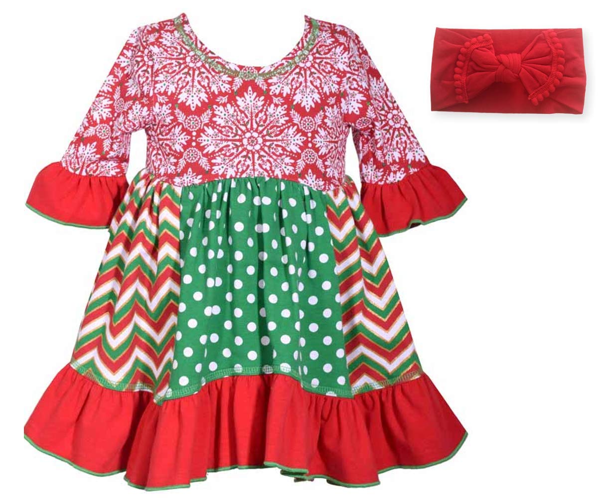 Bonnie Jean Baby Girl's Holiday Dress with Hair Bow - Christmas Party Outfit for Toddlers, Photo Shoot & Special Occasions