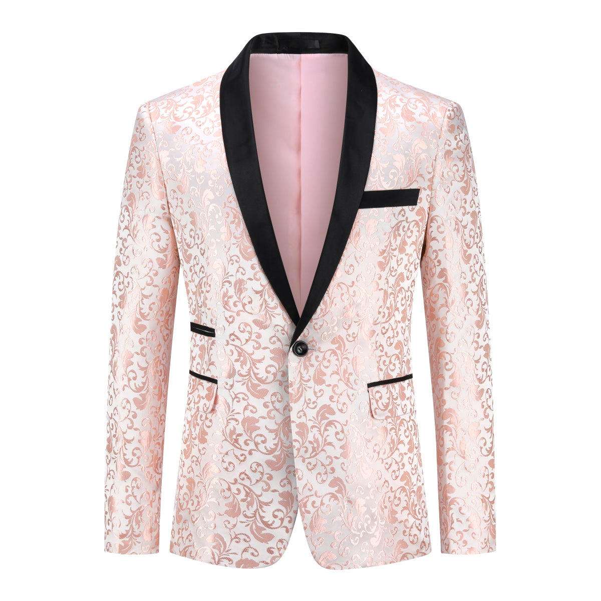 Men's Pink Floral Jacquard Tuxedo Blazer - Elegant Printed Dress Suit Jacket for Weddings, Parties & Formal Events