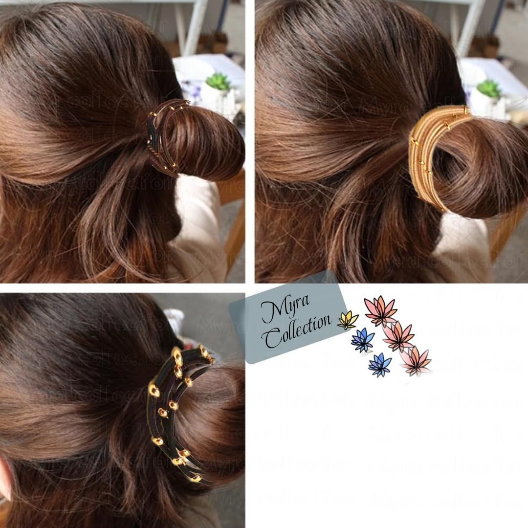 Myra Collection 5-Piece Gold Beaded Hair Ties & Bracelet Set - 3-Layer Elastic Hair Accessories for Women & Girls - Elegant Ponytail Holders for Daily Wear, Parties & Special Occasions