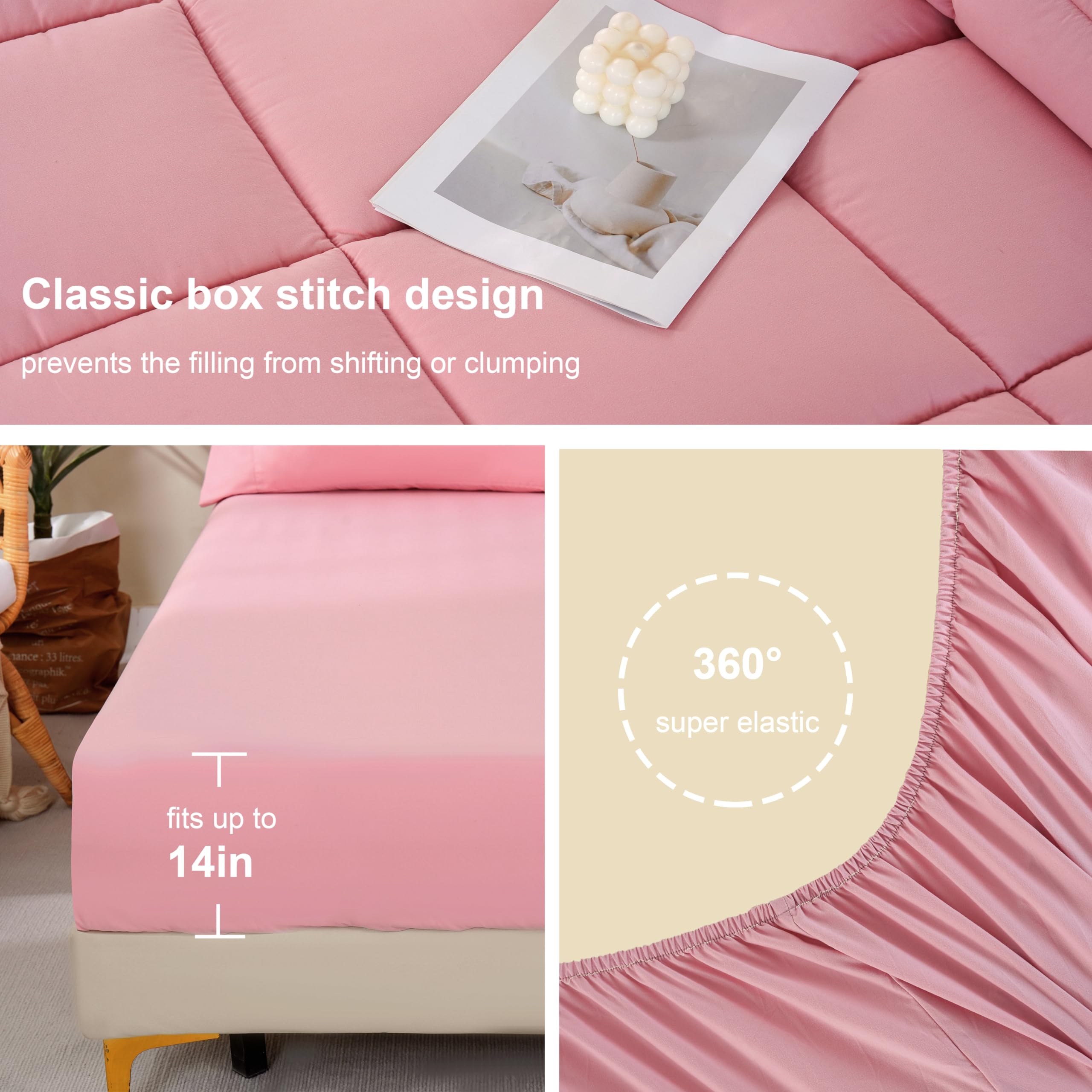 DOWNCOOL Queen Comforter Set - 7 Piece All Season Down Alternative Bedding in a Bag (Comforter, Flat Sheet, Fitted Sheet, 2 Pillow Shams & 2 Pillowcases) - Soft Pink Luxury Bedding for Master Bedroom, Guest Room & Dorm