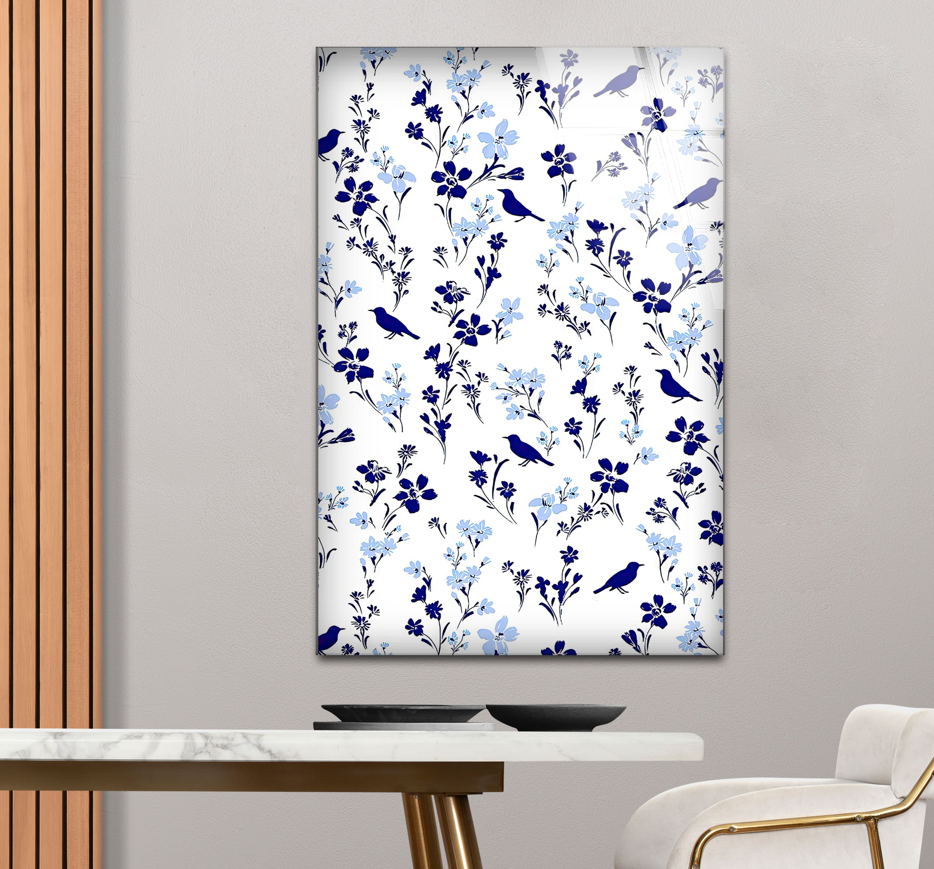 Blue Bird and Wildflower Wall Art Print - Elegant Floral Glass Decor for Nature Lovers | Perfect for Living Room, Bedroom & Office Decor
