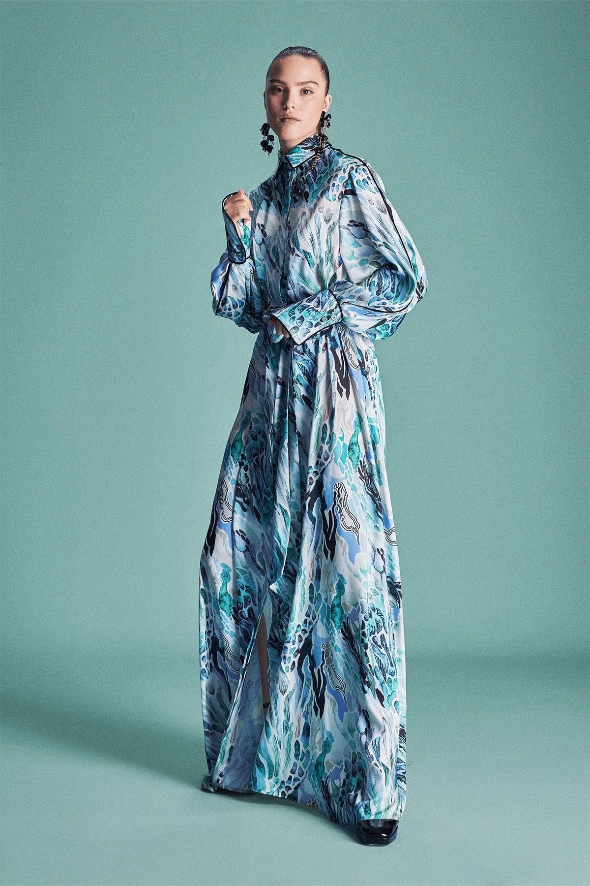 Lulu Long Maxi Dress with Long Sleeve & Detailed Piping - Elegant Flowy Women's Formal Dress for Weddings, Parties & Evening Events