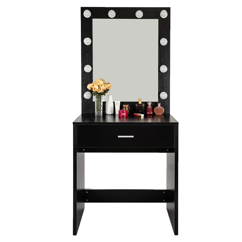 Modern LED Vanity Set with Lighted Mirror & 10 Bulbs - Makeup Dressing Table with Large Drawer, Black Makeup Desk for Bedroom | Perfect for Beauty Routines & Home Decor (Warm White Light)