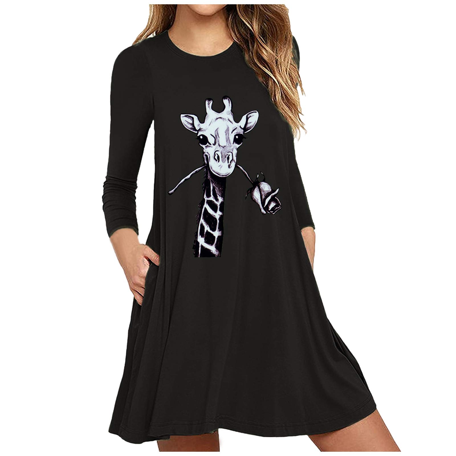 HAOREEKZ Women's Printed Long Sleeve Casual Dress with Pockets - Loose Fit Wild Pattern Maxi Dress for Everyday Wear, Outdoor Activities & Special Occasions