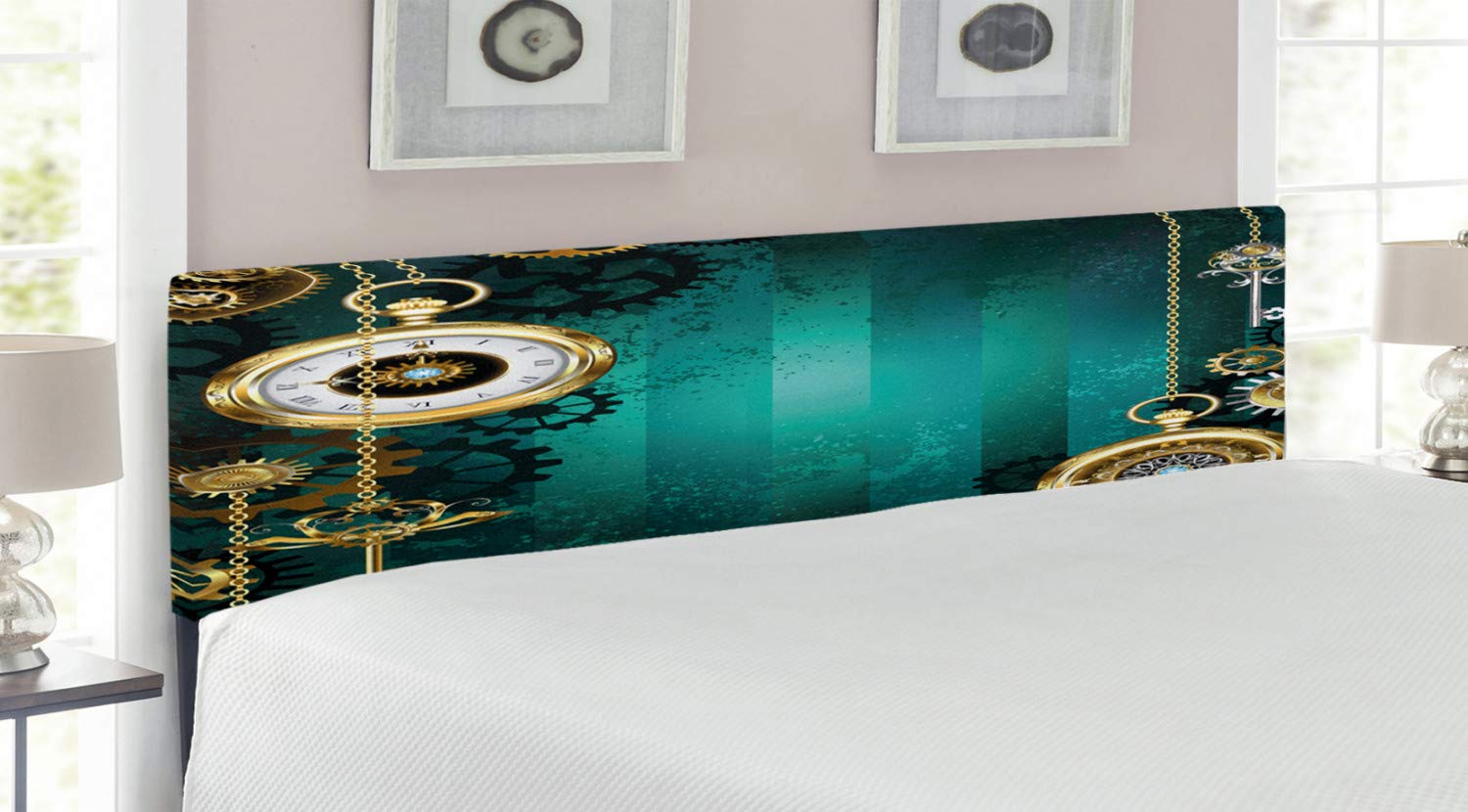Ambesonne Industrial King Size Headboard - Steampunk Antique Watches, Keys & Chains Design, Upholstered Decorative Metal Bed Frame with Memory Foam Support | Perfect for Vintage & Gothic Bedroom Decor, Guest Rooms & Themed Hotels