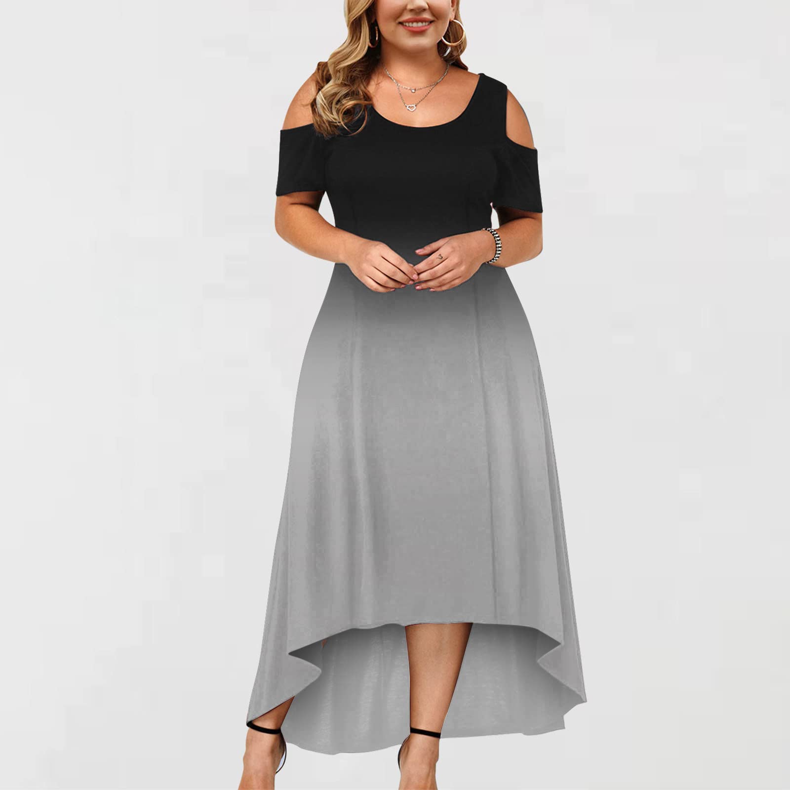 Plus Size Cold Shoulder Maxi Dress for Women - Floral Gradient Beach Sundress with Short Sleeves | Perfect for Summer Vacations, Beach Parties & Casual Outings