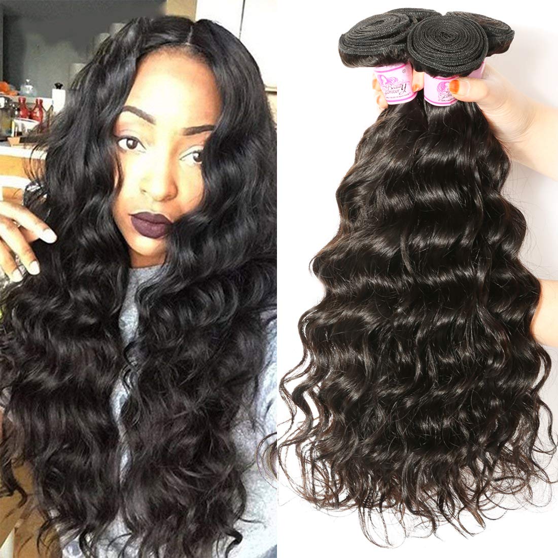 Beauty Forever 8A Brazilian Virgin Hair Extensions - 100% Unprocessed Human Hair Weave Bundles (3 Pcs) in Natural Wave & Wet Wavy Style - 22 24 26 Inch Natural Color | Perfect for Daily Wear, Parties & Special Occasions