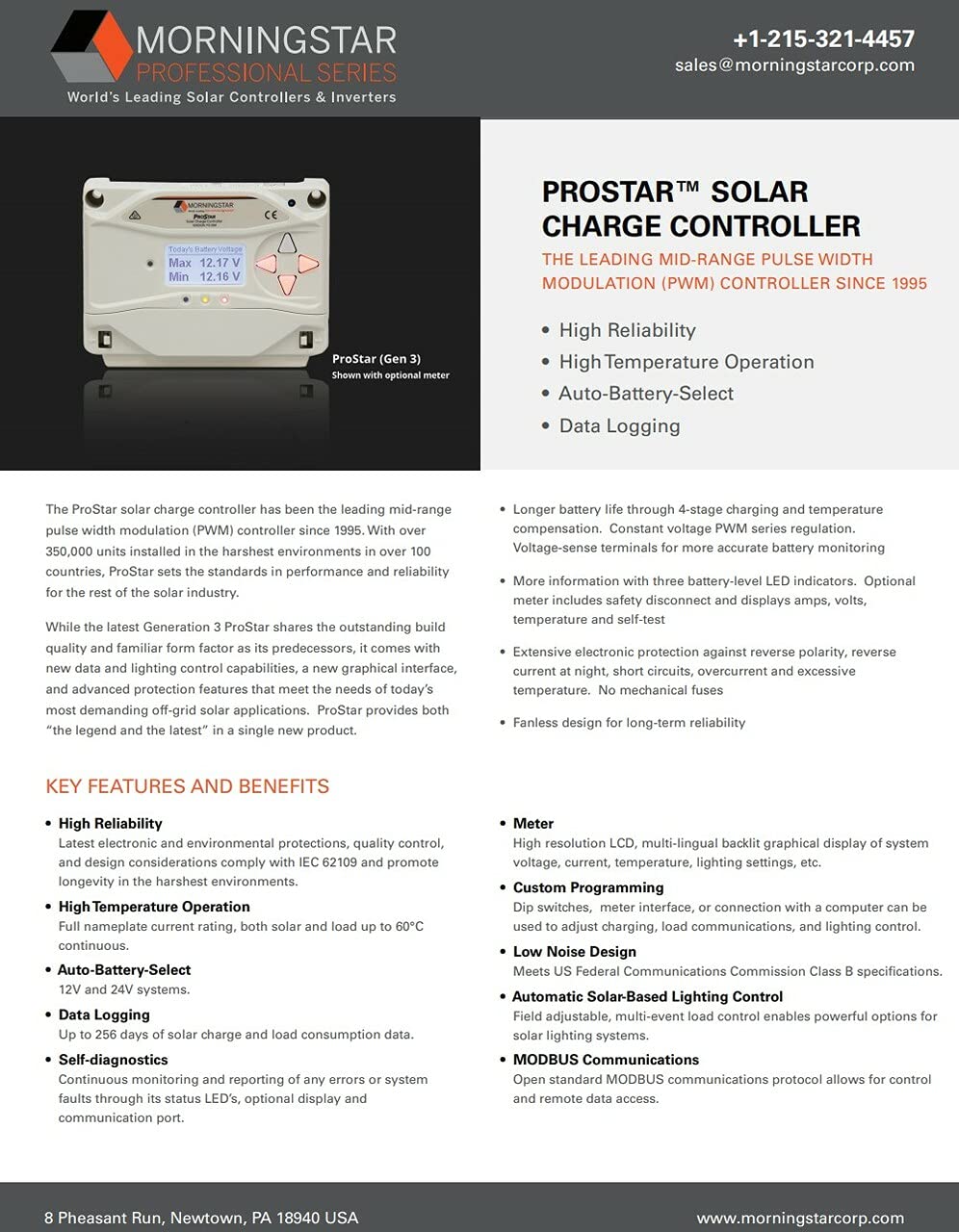 Morningstar PS-15 ProStar 15A MPPT Solar Charge Controller for RV, Boat, Off-Grid Systems - Efficient Solar Panel Battery Regulator for 12V/24V Systems