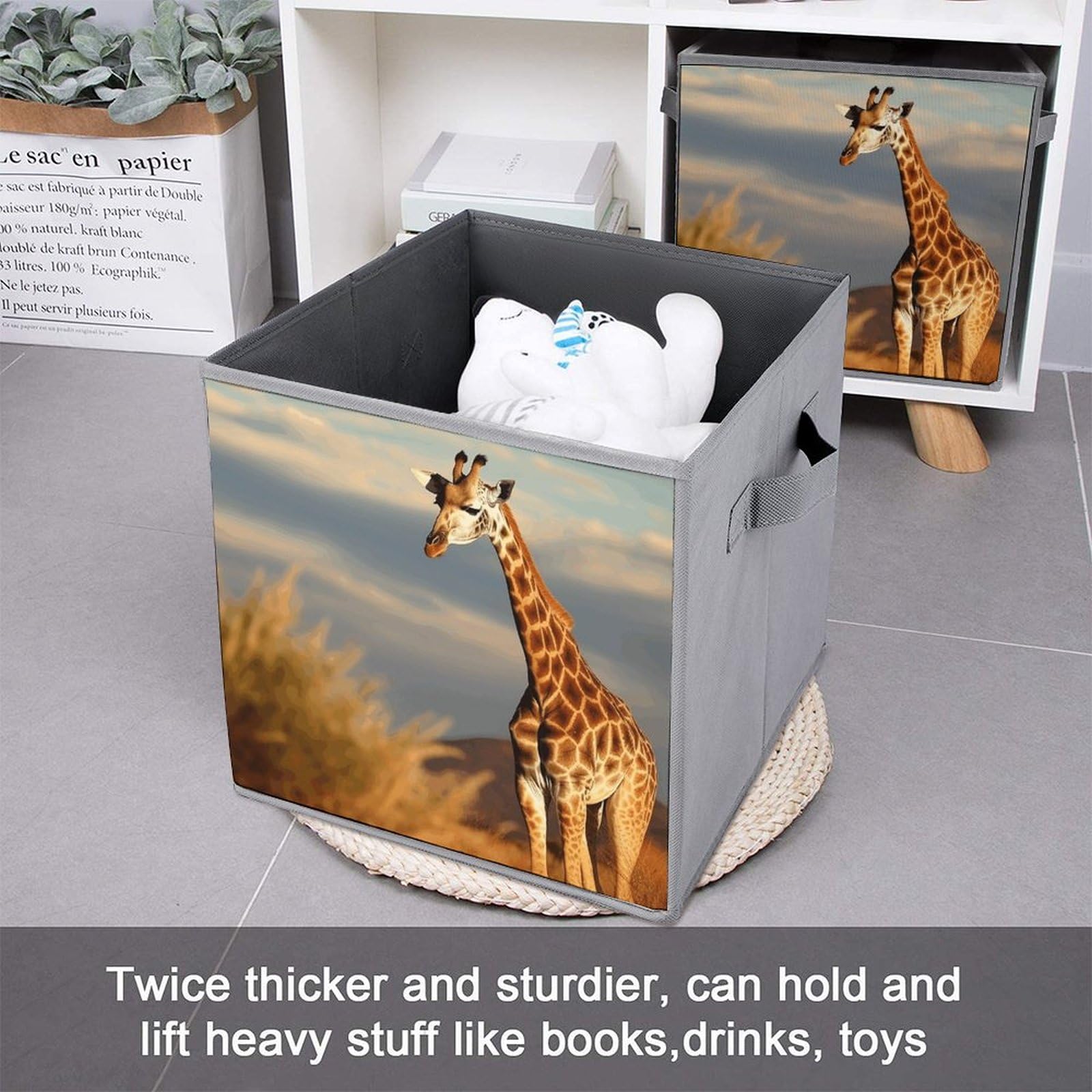 2PCS Foldable Storage Bins with Handles - Large Capacity Giraffe & African Animals Printed Storage Boxes for Playroom, Office, Home Organization | Perfect for Kids' Toys, Books & Clutter Control
