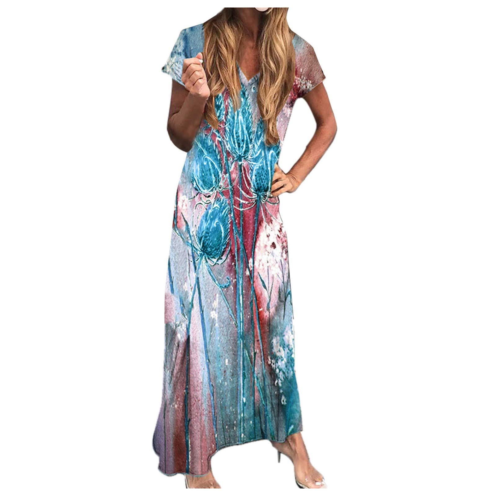 UIKMNH Women's V-Neck Printed Casual Dress - Short Sleeve Ankle Length Party Dress for Women | Perfect for Summer Outings, Date Nights & Special Occasions