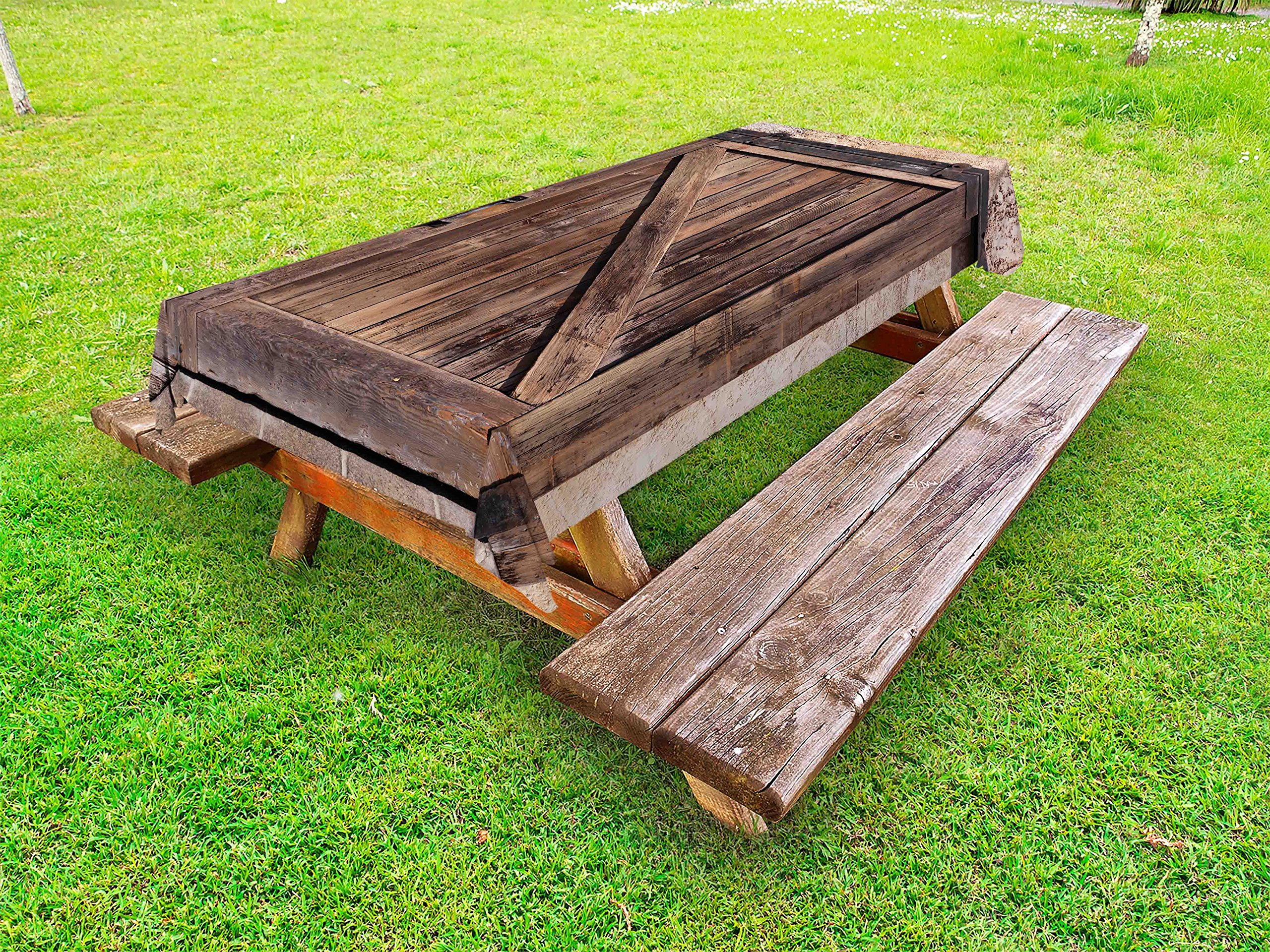 Ambesonne Rustic Outdoor Tablecloth - Vintage Wooden Barn Door Print, Washable Picnic Table Cover 58