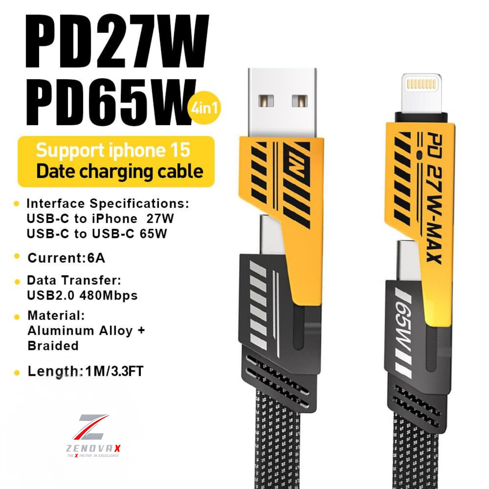 4 in 1 Multi Charging Cable - 1M Nylon Braided Fast Charger with USB C to Lightning & USB A to Type C - Compatible with iPhone 15/14/13, Samsung Galaxy, iPad - 65W PD Fast Charging for Home, Office & Travel