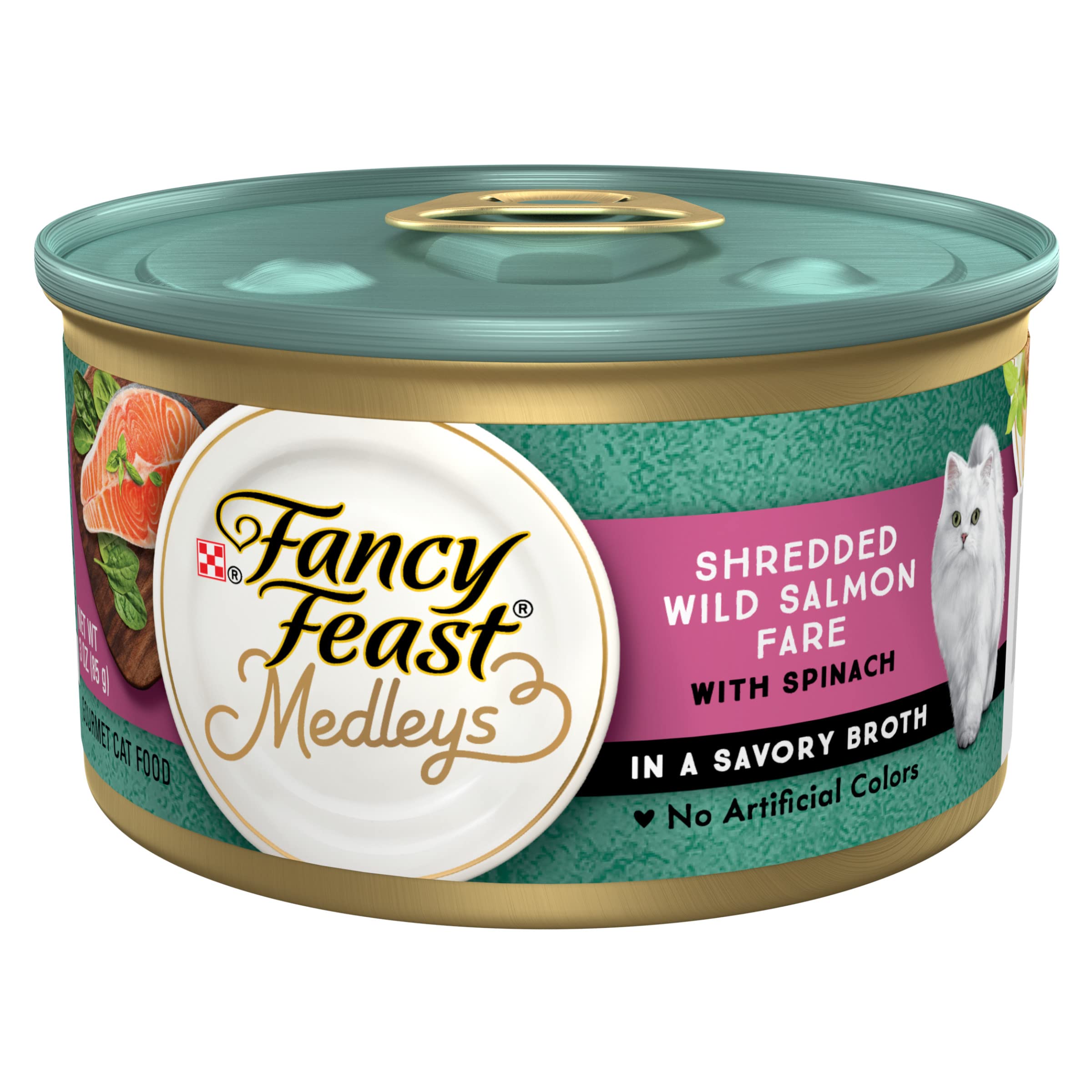 Purina Fancy Feast Wet Cat Food - Wild Salmon & Spinach Medleys in Savory Broth (24 Pack, 3 oz Cans) | High Protein Gourmet Cat Food for Adult Cats | Perfect for Mealtime, Weight Management & Picky Eaters