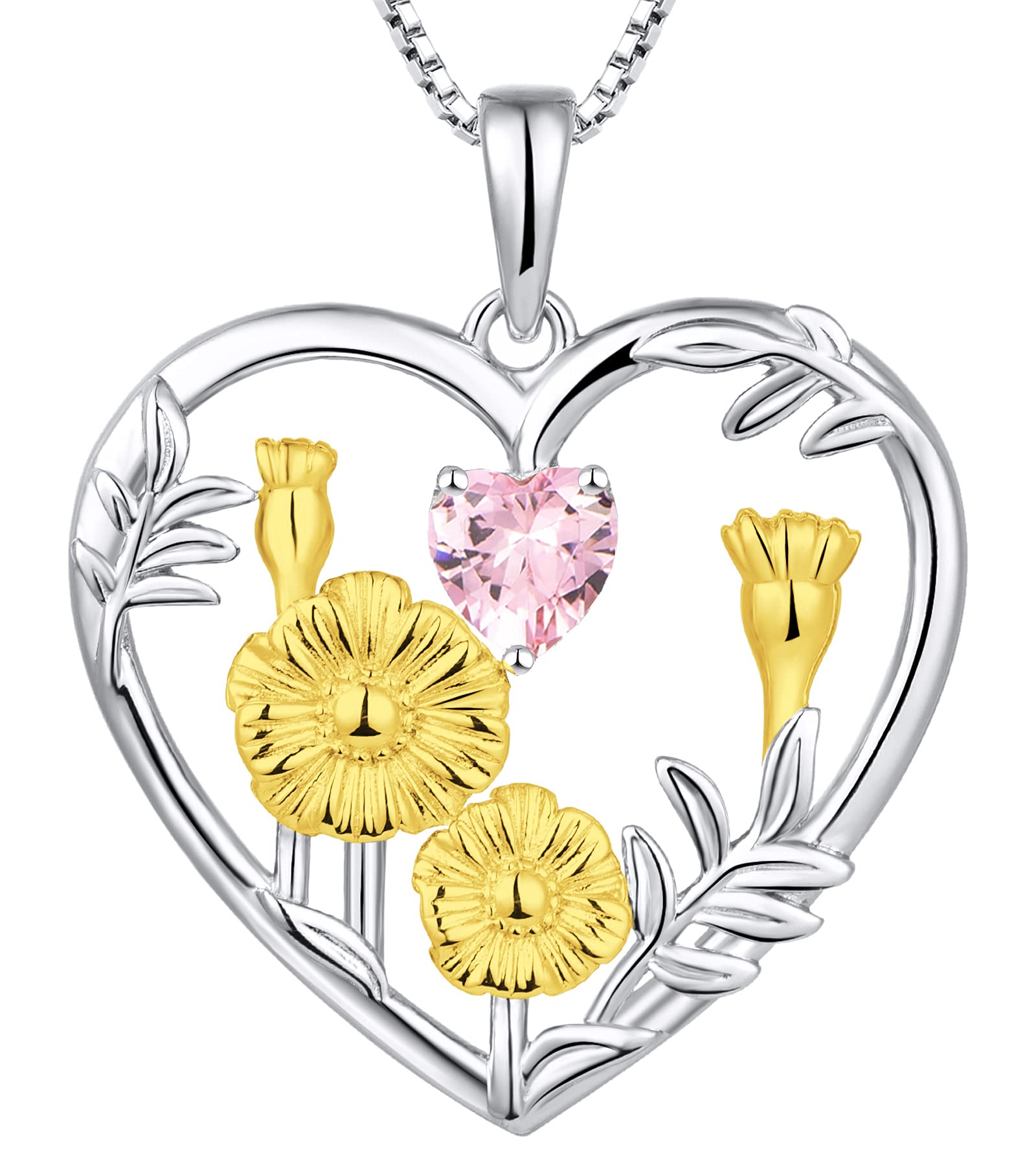 YL Women's Birth Flower Necklace - 925 Sterling Silver Heart Pendant with Gemstones, Personalized Birth Month Jewelry Gift for Her | Perfect for Birthdays, Anniversaries & Mother's Day