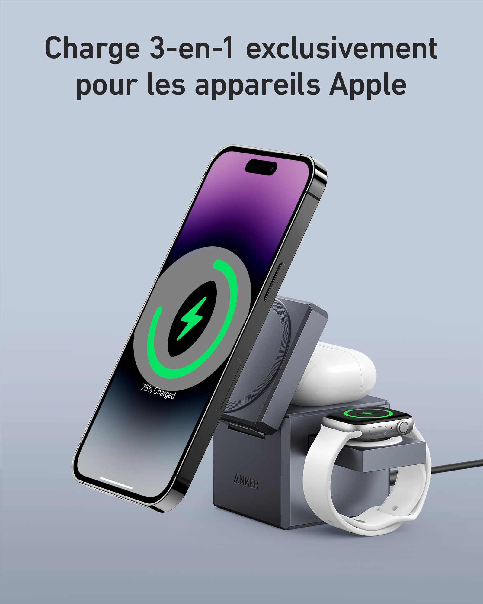 Anker 3-in-1 Magnetic Wireless Charging Station with MagSafe - 15W Fast Charger for iPhone 14/13/12, Apple Watch Series 1-7/SE & AirPods Pro/3/2 - Includes 30W Adapter | Perfect for Home, Office & Travel Charging Needs