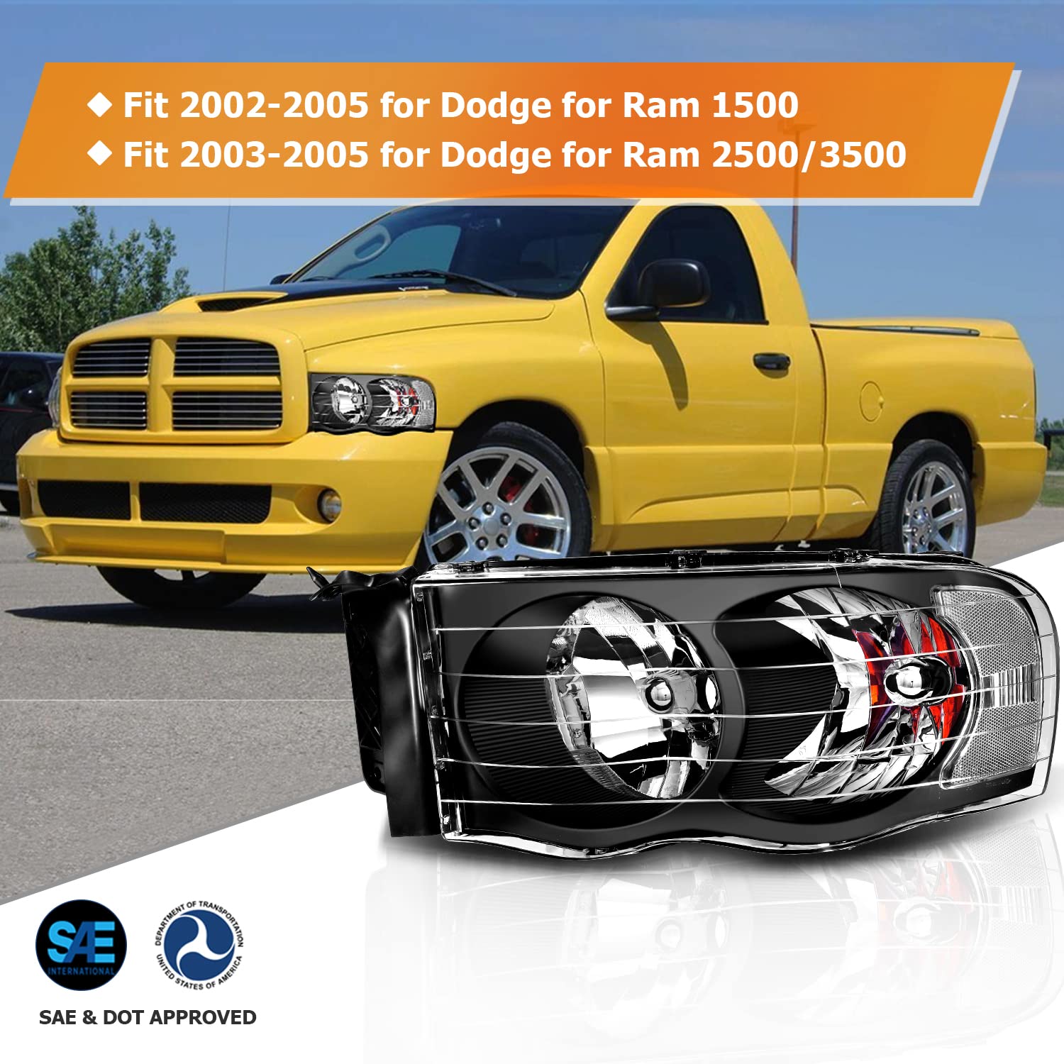 Dodge Ram 1500 2500 3500 Headlight Assembly (2002-2005) - Black Housing, Clear Reflector & Lens - Driver & Passenger Side - Perfect for Night Driving & Off-Road Adventures