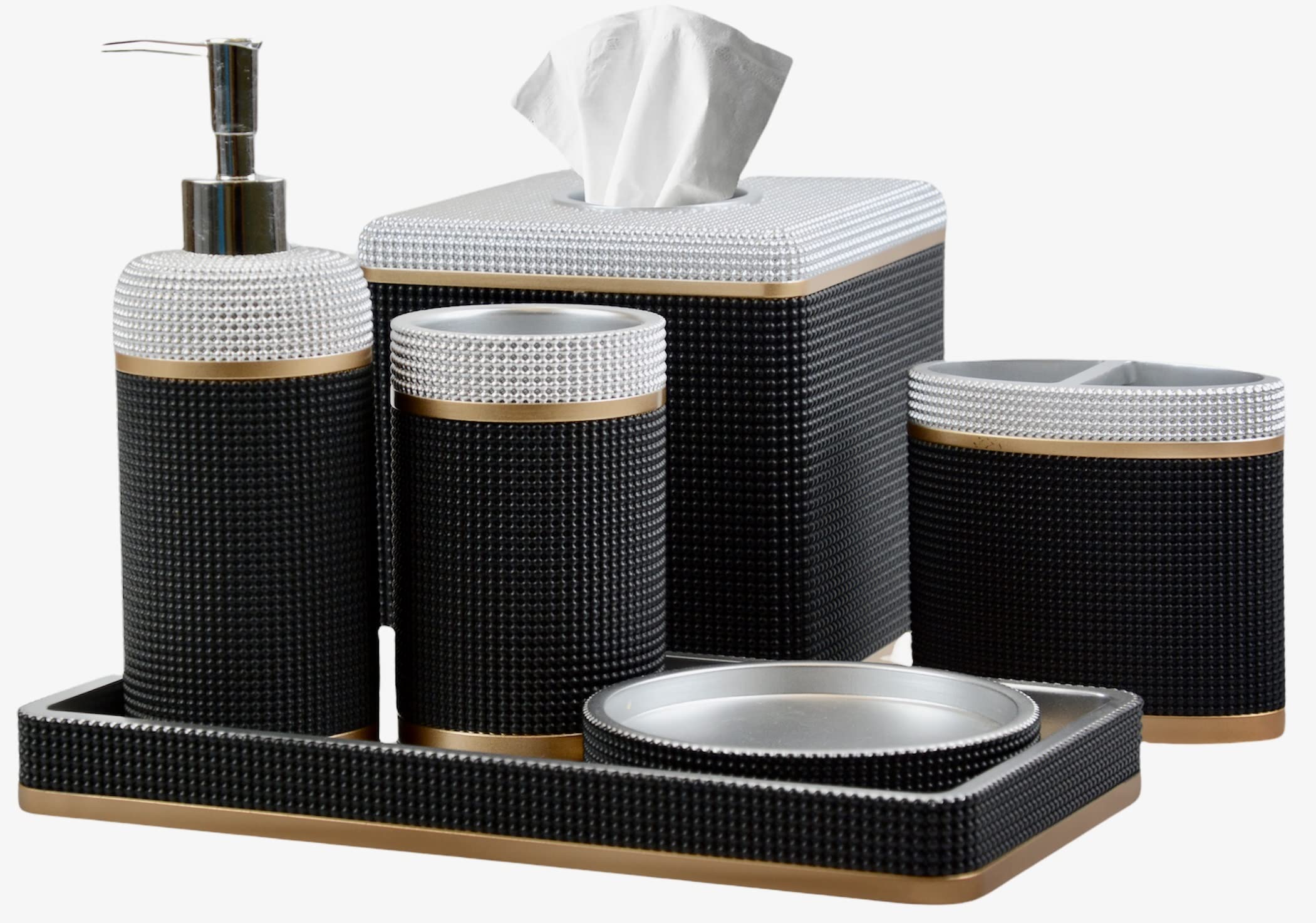 6-Piece Modern Bathroom Accessories Set - Soap Dispenser, Toothbrush Holder, Soap Dish, Tumbler, Vanity Tray & Tissue Box - Black/Silver/Gold - Housewarming Gift for Stylish Countertop Decor | Perfect for Bathroom Organization & Spa-Like Experience