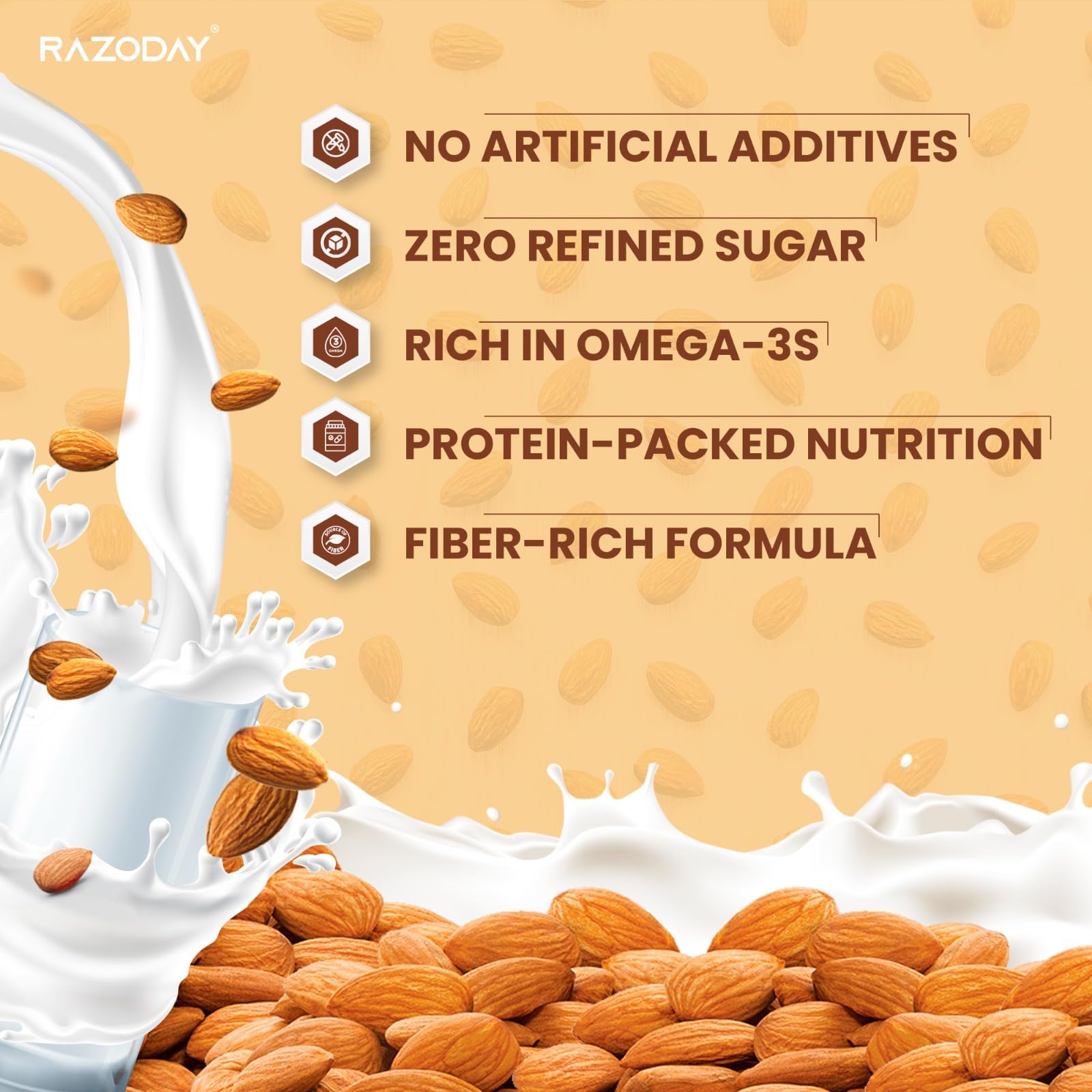Razoday Instant Almond Powder (250g) | Natural Almond Milk Mix for Kids & Adults | Handpicked Premium Almond Powder | Healthy Drink Mix for Shakes, Smoothies & Desserts | Perfect for Breakfast, Snacks & Post-Workout Nutrition