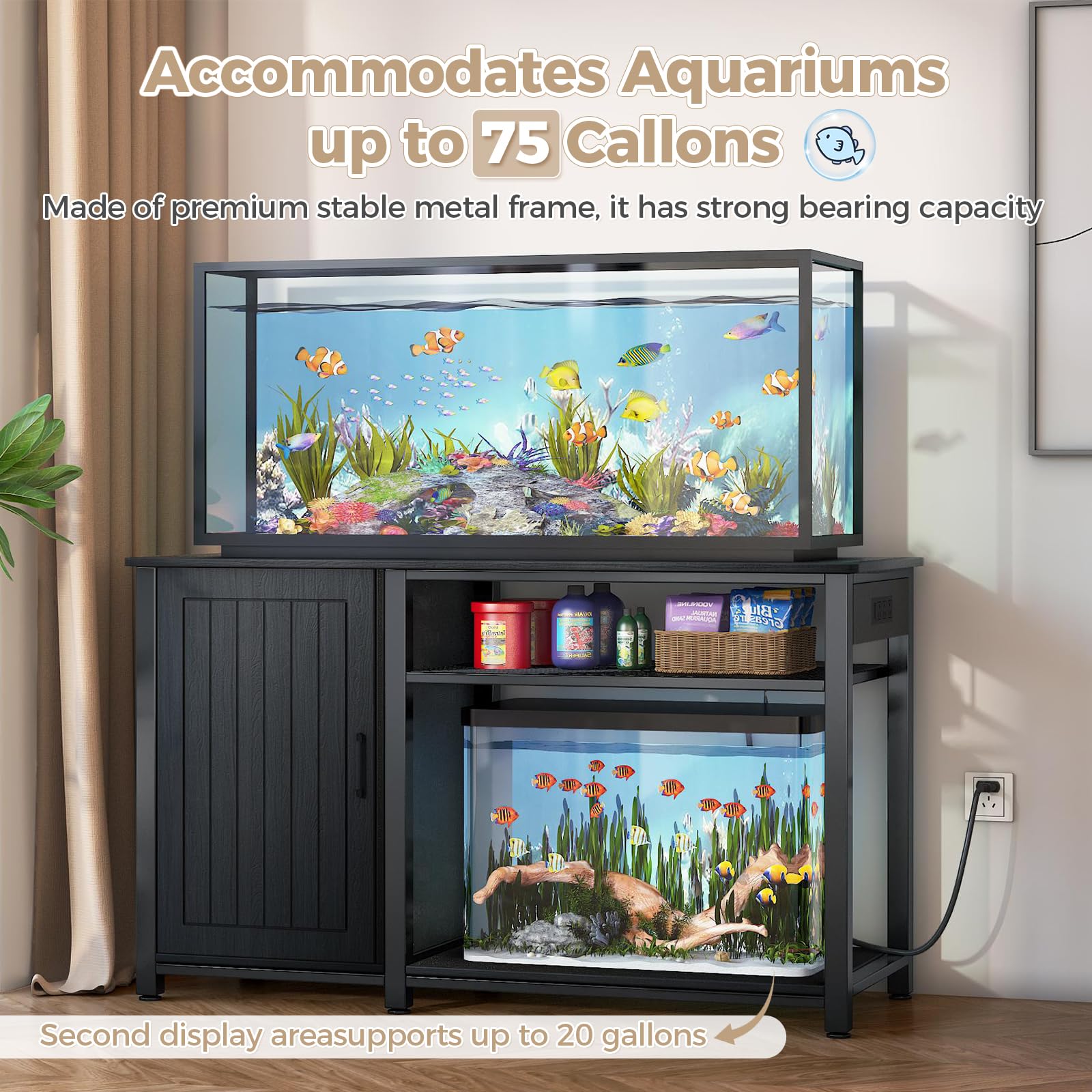 Tatub 55-75 Gallon Heavy Duty Metal Aquarium Stand with Power Outlets & Storage Cabinet - 860LBS Capacity Black Fish Tank Stand for Reptile Terrariums & Turtle Tanks - Perfect for Home, Office or Pet Store Displays