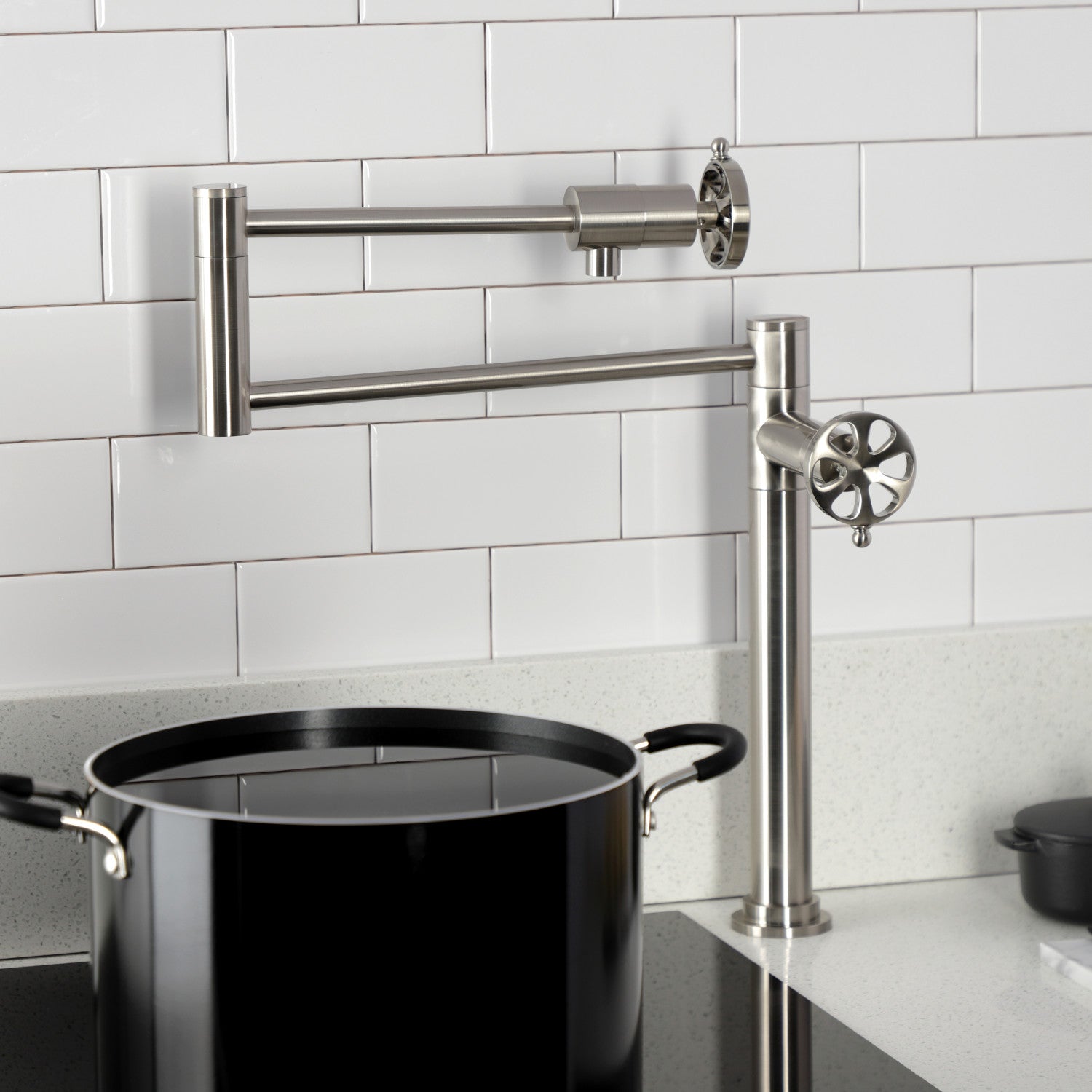 Belknap KS4708RX Brushed Nickel Two Handle Deck Mount Pot Filler Faucet - Perfect for Kitchen Sink, Stove & Cooking Area