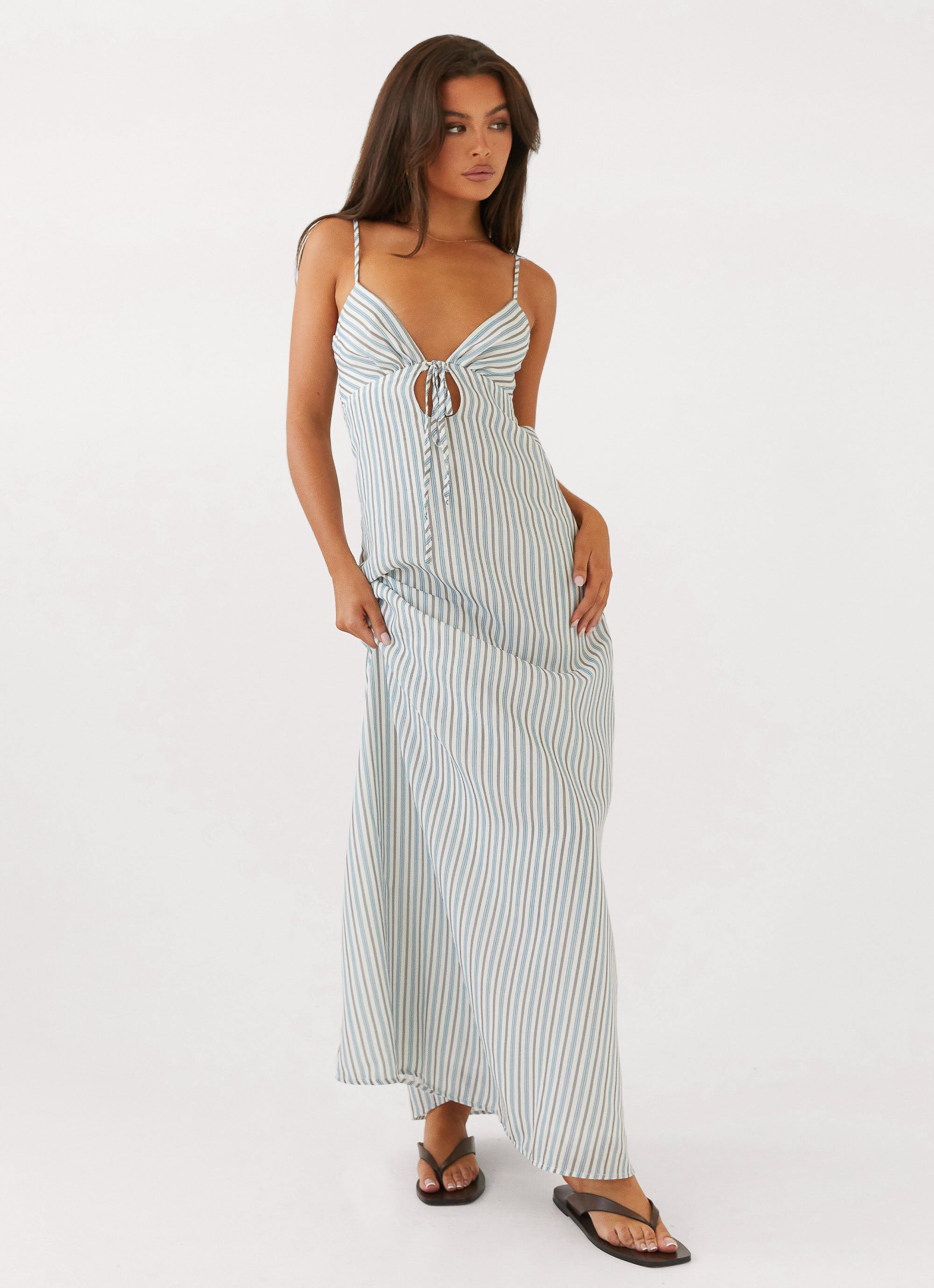 Flora Linen Maxi Dress - Blue Chocolate Stripe | Summer Beach Dress, Casual Boho Outfit for Women