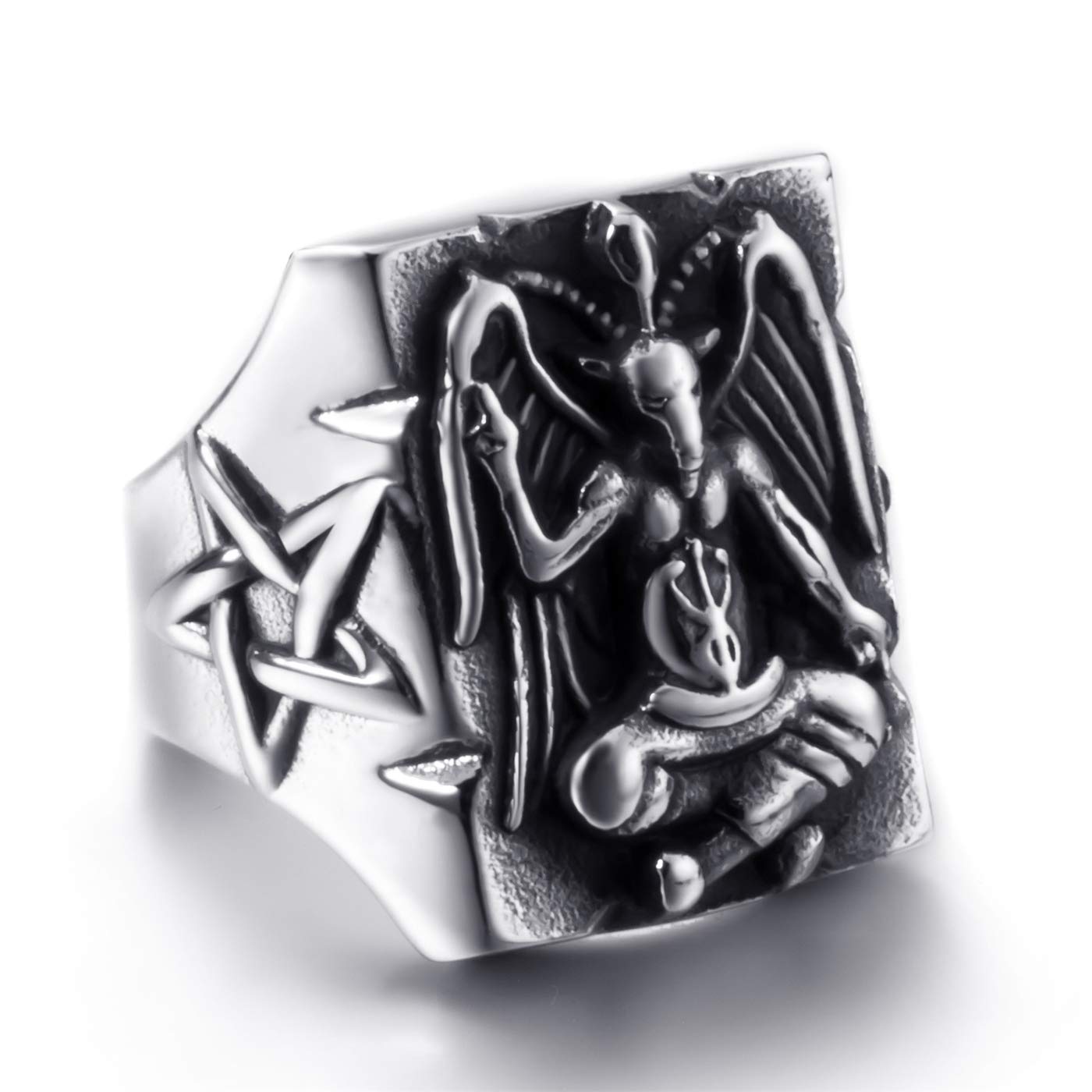 Men's Stainless Steel Satanic Baphomet Goat Ring - Vintage Devil Demon Leviathan Cross Pentagram Jewelry for Gothic Occult Fashion & Dark Aesthetic Outfits