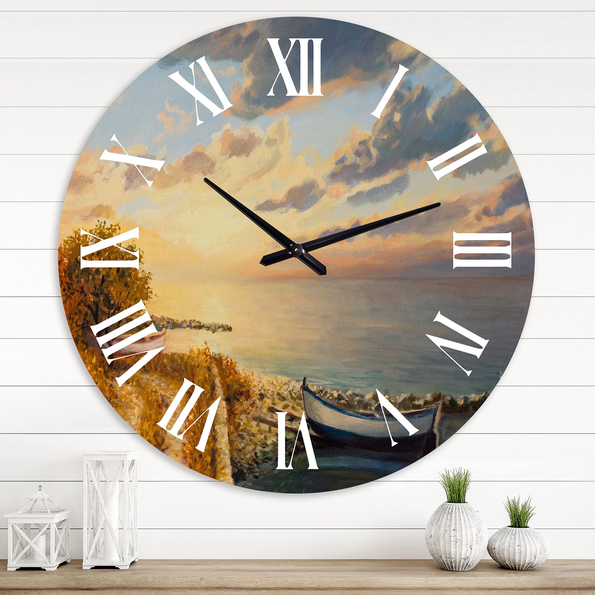 DesignQ Coastal Wall Clock - Romantic Sunrise by The Sea - 12 Inch Round Grey Wall Clock for Home, Office & Beach House Decor - Perfect for Living Room, Bedroom or Kitchen