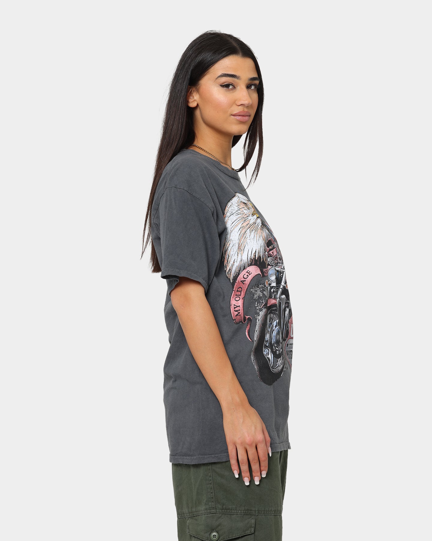 Vintage American Thrift Eagle Moto Club Graphic T-Shirt - Distressed Black Cotton Tee for Motorcycle Riders & Biker Enthusiasts | Casual Streetwear & Club Events