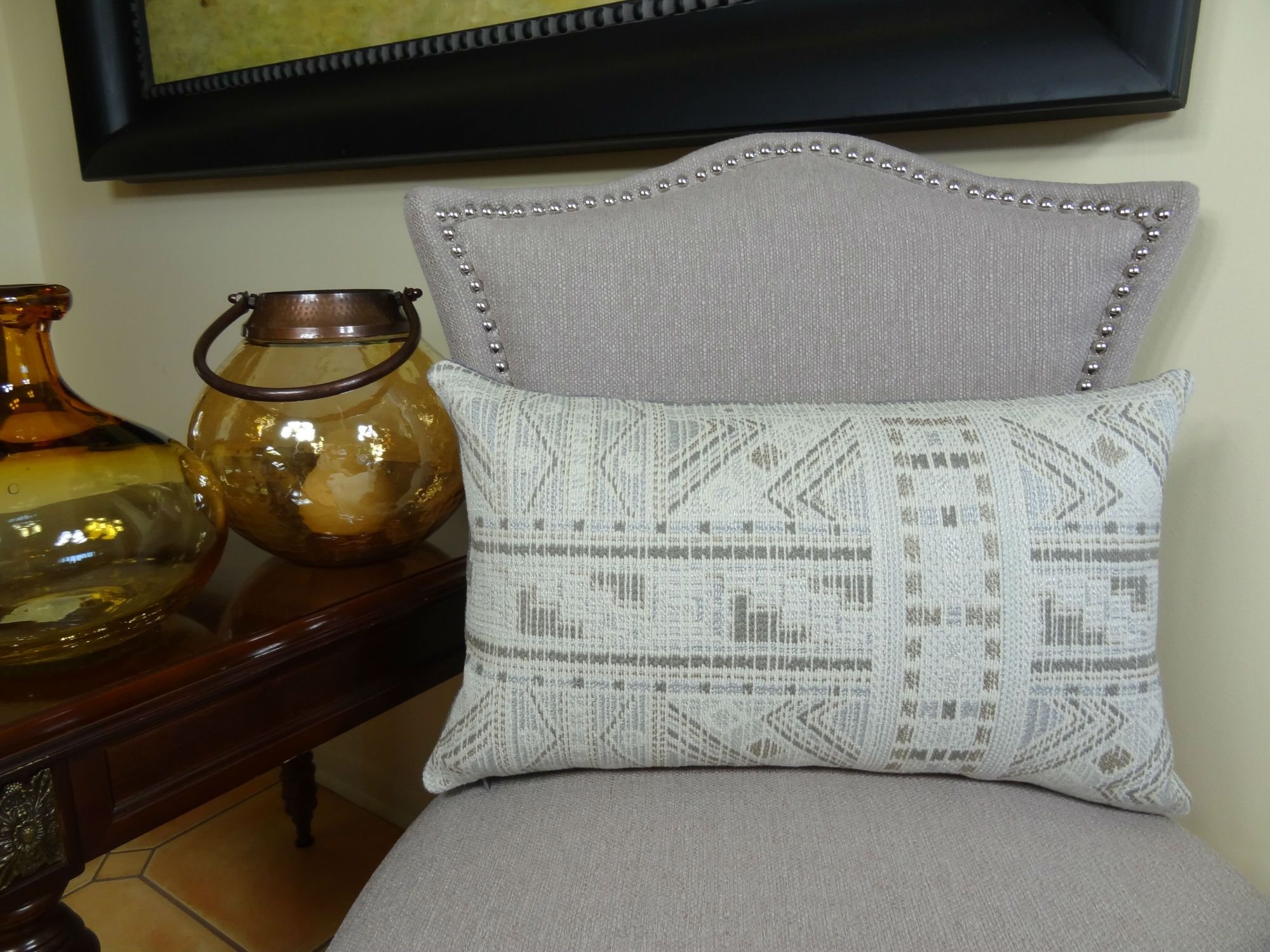 Handmade Aztec Throw Pillow - Gray Taupe Ivory Tribal Bohemian Cushion with Indigo Textured Design - USA Made Decorative Pillow for Sofa, Bed & Living Room - Perfect for Boho Home Decor & Cozy Interior Styling