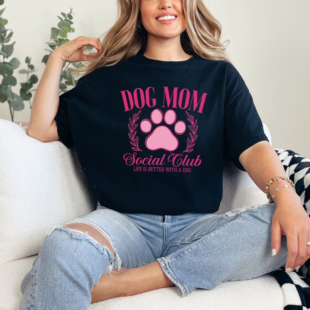 Dog Mom Social Club Graphic Tee - Cute Funny Dog Lover T-Shirt for Women - Perfect for Dog Parks, Pet Playdates & Casual Outfits