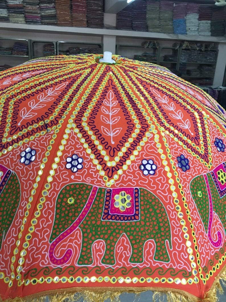 Handmade Indian Elephant Boho Umbrella - Cotton Embroidered UV Protection Sun Parasol for Beach, Wedding & Bohemian Decor | Hippie Gypsy Style (Red Embroidery)