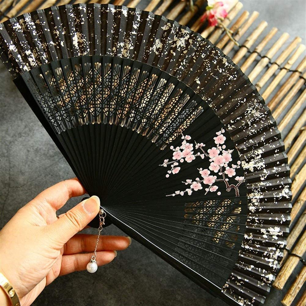 Hand-Painted Chinese Plum Blossom Bamboo Folding Fan with Pearl Tassel - 7.1 Inch Traditional Oriental Fan for Women, Home Decor & Summer Cooling - Perfect for Weddings, Photography, Costume Parties & Feng Shui Decor