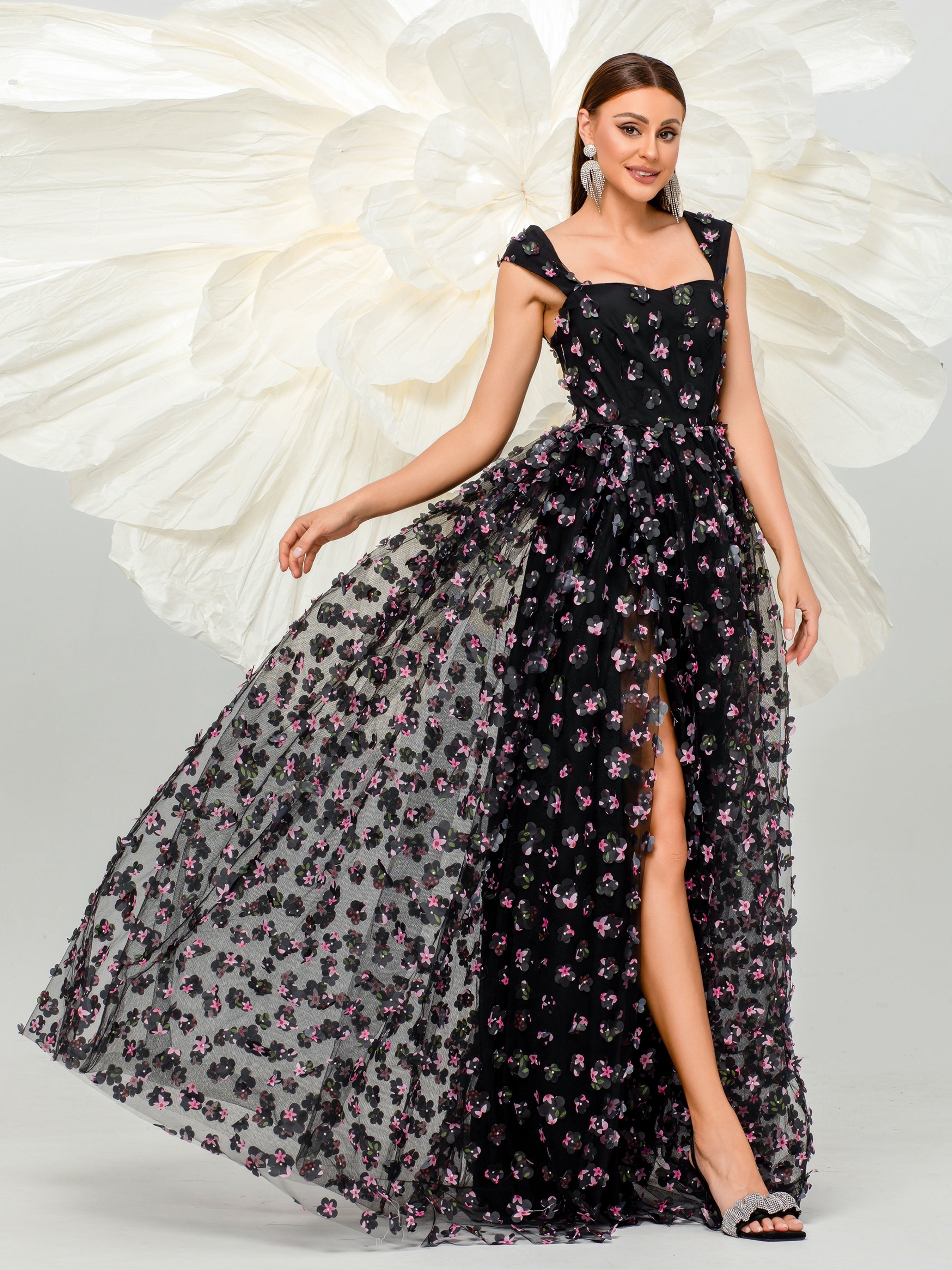 Elegant Appliqued Pink Camisole Floral Tulle Dress for Women - Perfect for Weddings, Parties & Special Occasions