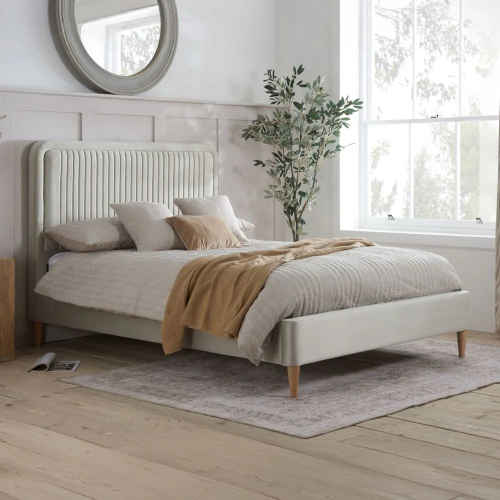 Forth Bed Frame in Warm Stone - Queen Size Modern Platform Bed with Headboard - Perfect for Bedroom, Guest Room & Apartment