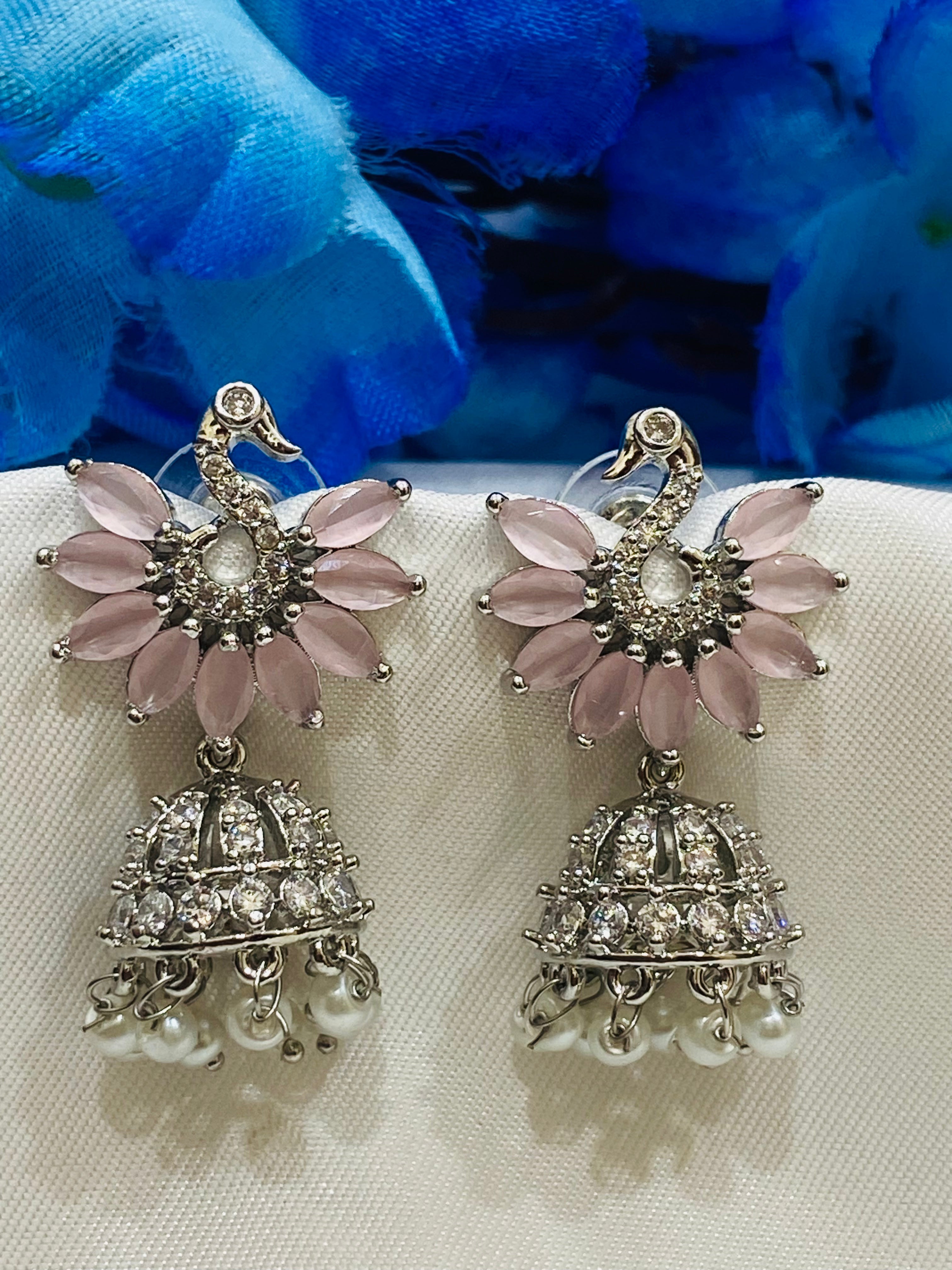 Stylish Light Pink American Diamond Jhumka Earrings for Women | Elegant Indian Ethnic Jewelry | Perfect for Weddings, Parties & Festive Occasions