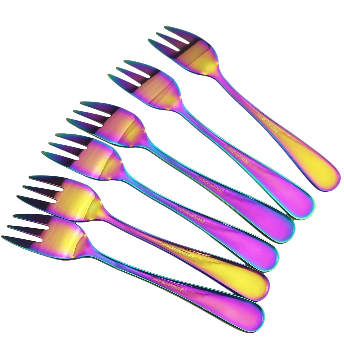 Rainbow Cake Forks Set of 6 - 5.5 Inch Stainless Steel Small Appetizer Forks - Mirror Polished Dessert Forks for Cake, Fruit, Pie, Pastry - Elegant Flatware for Parties, Weddings & Tea Time