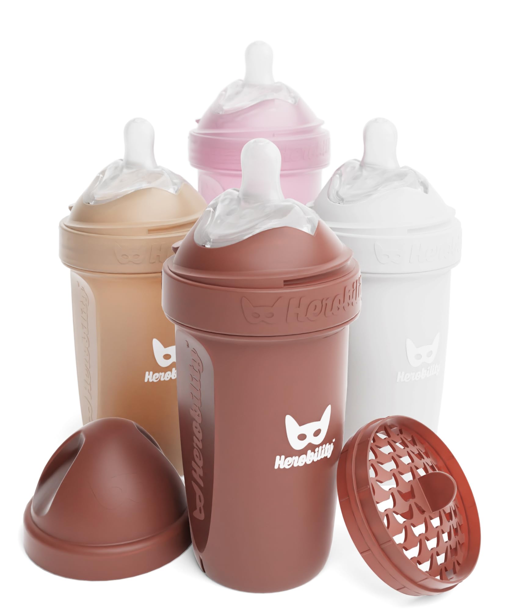 Herobility Double Anti-Colic Baby Bottles 8.5oz (240ml) - 4 Pack with Slow Flow Nipples - BPA-Free Newborn Feeding Bottles in Sand, Woodchuck, Pink & White Colors - Perfect for Breastfeeding, Formula Feeding & On-the-Go Use