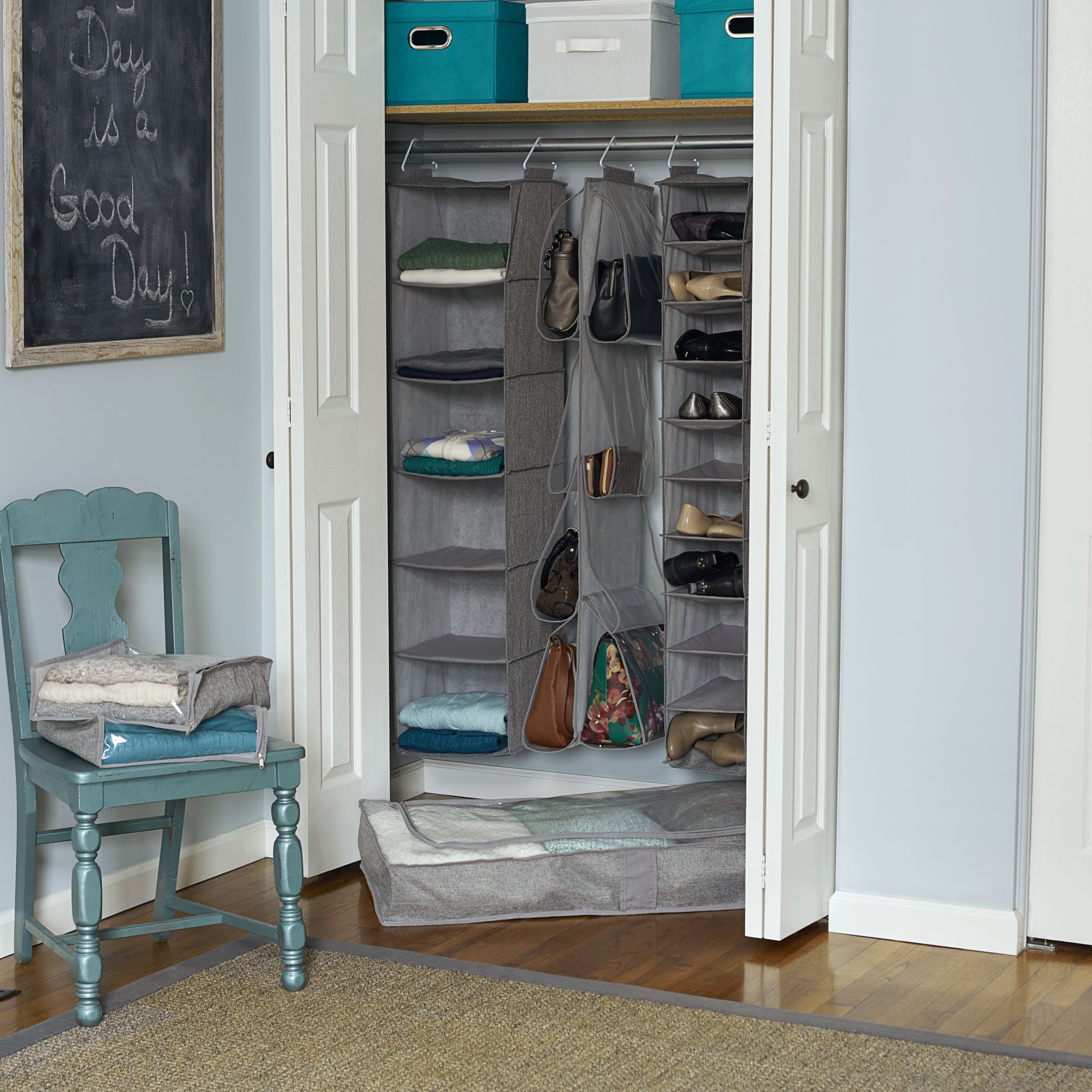 6-Shelf Linen Closet Organizer with Hanging Hooks - Space Saving Storage for Bedroom, Bathroom & Laundry Room - Gray Fabric Shelving Unit for Towels, Clothes & Household Essentials