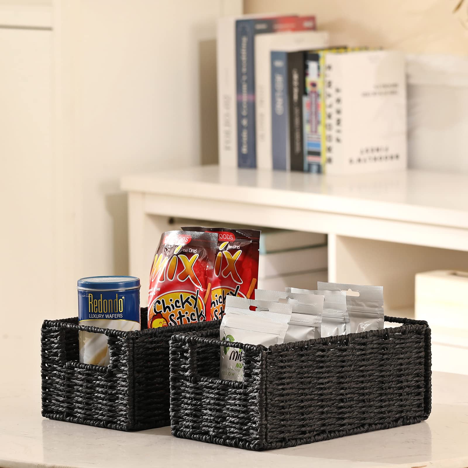 Vagusicc 2-Pack Woven Paper Rope Storage Baskets - Foldable Cube Organizer Bins for Shelves, Bathroom, Bedroom & Living Room - Perfect for Toilet Paper, Towels, Toys & Home Decor (Black)